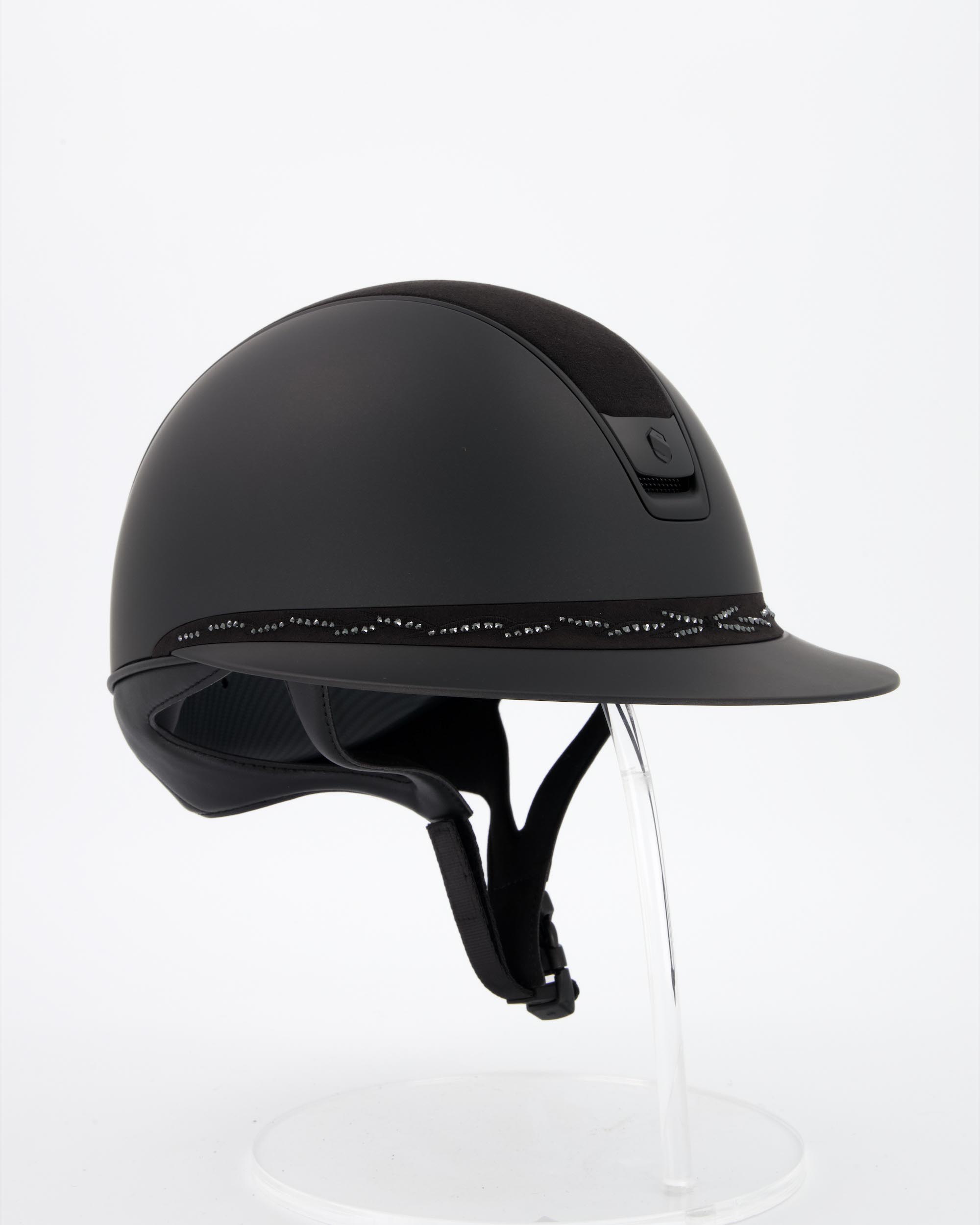 Riding helmet 2.0 Miss Shield Shadowmatt Black, Top Alcantara Black Frontal Band Flower Swarovski, Trim u. Blason Matt Black in black