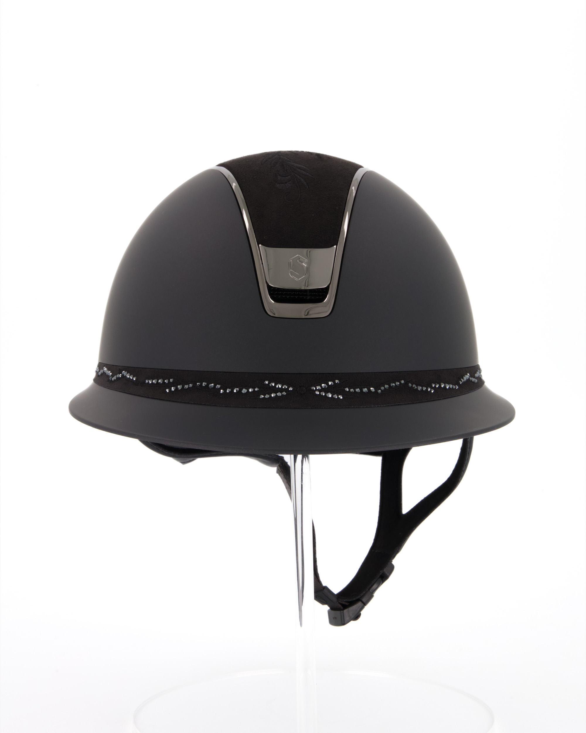 Reithelm 2.0 Miss Shield Shadowmatt Black, Top Flower Embroidery Black, Frontal Band Flower Swarovski Black, Trim u. Blason Chrome Black