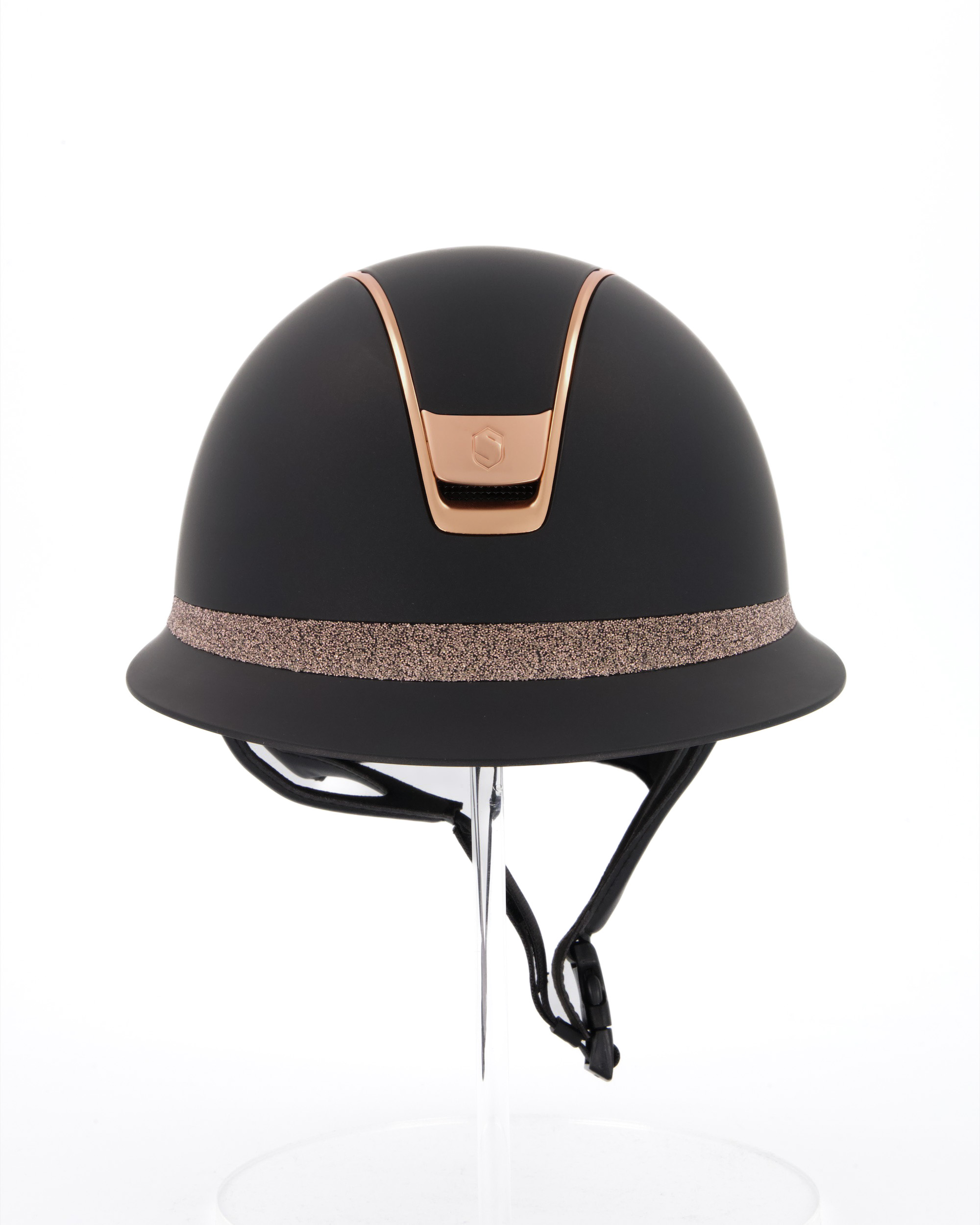 Reithelm 2.0 Miss Shield Shadowmatt black, Frontal Band Crystal Fabric rosegold, Trim u. Blason Matt Pink