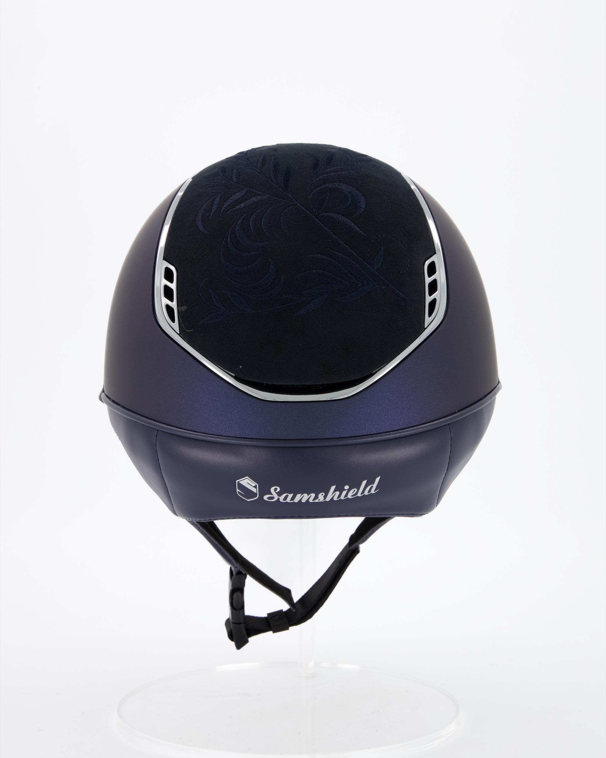 Reithelm 2.0 Miss Shield Shadowmatt Blue, Top u. Frontal Band Fower Embroidery, Trim Chrome, Blason Crystal Fabric Silver in blau