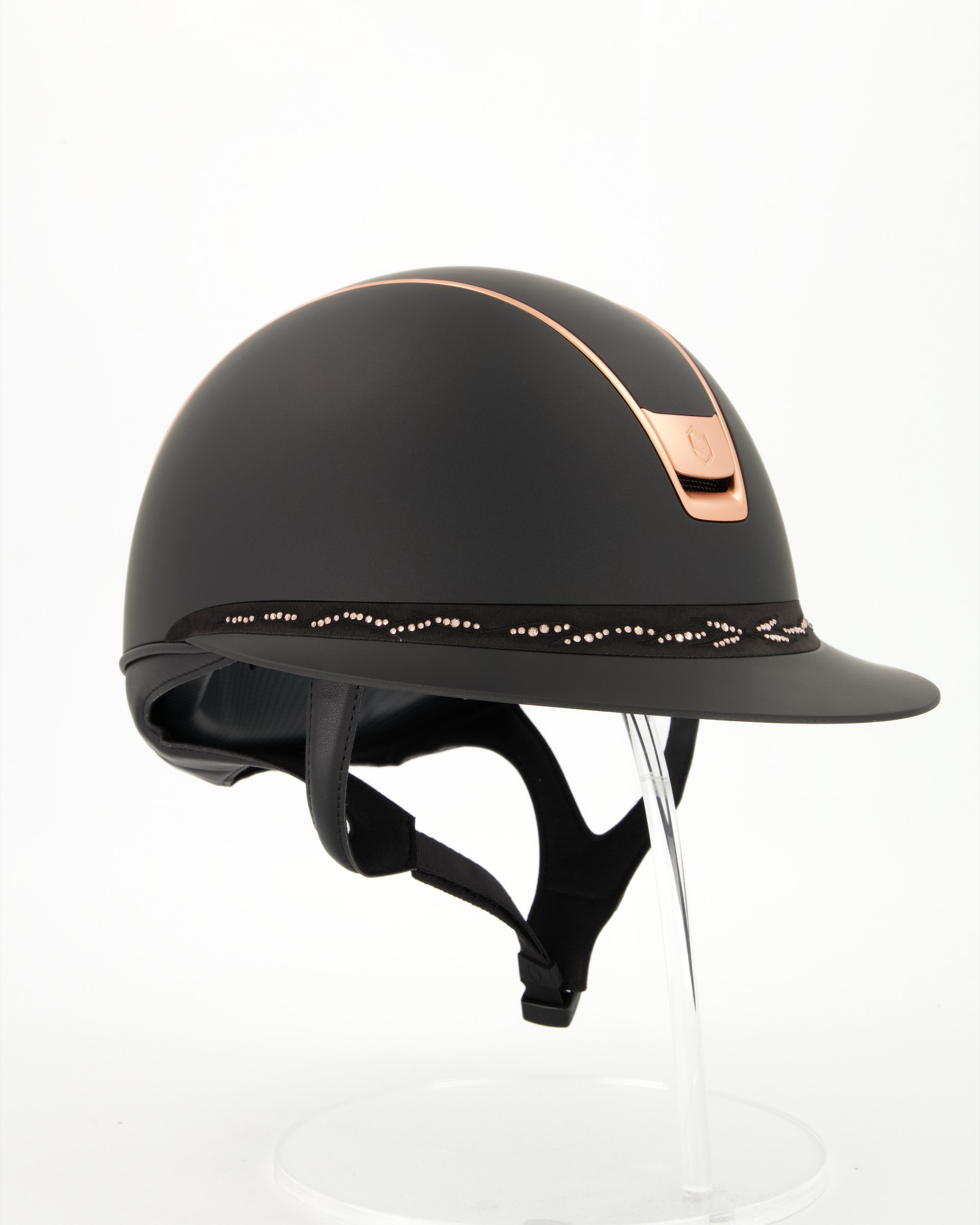 Reithelm 2.0 Miss Shield Shadowmatt black, Frontalband Flower Swarovski Vintage Rose, Trim u. Blason Matt Pink Gold in schwarz