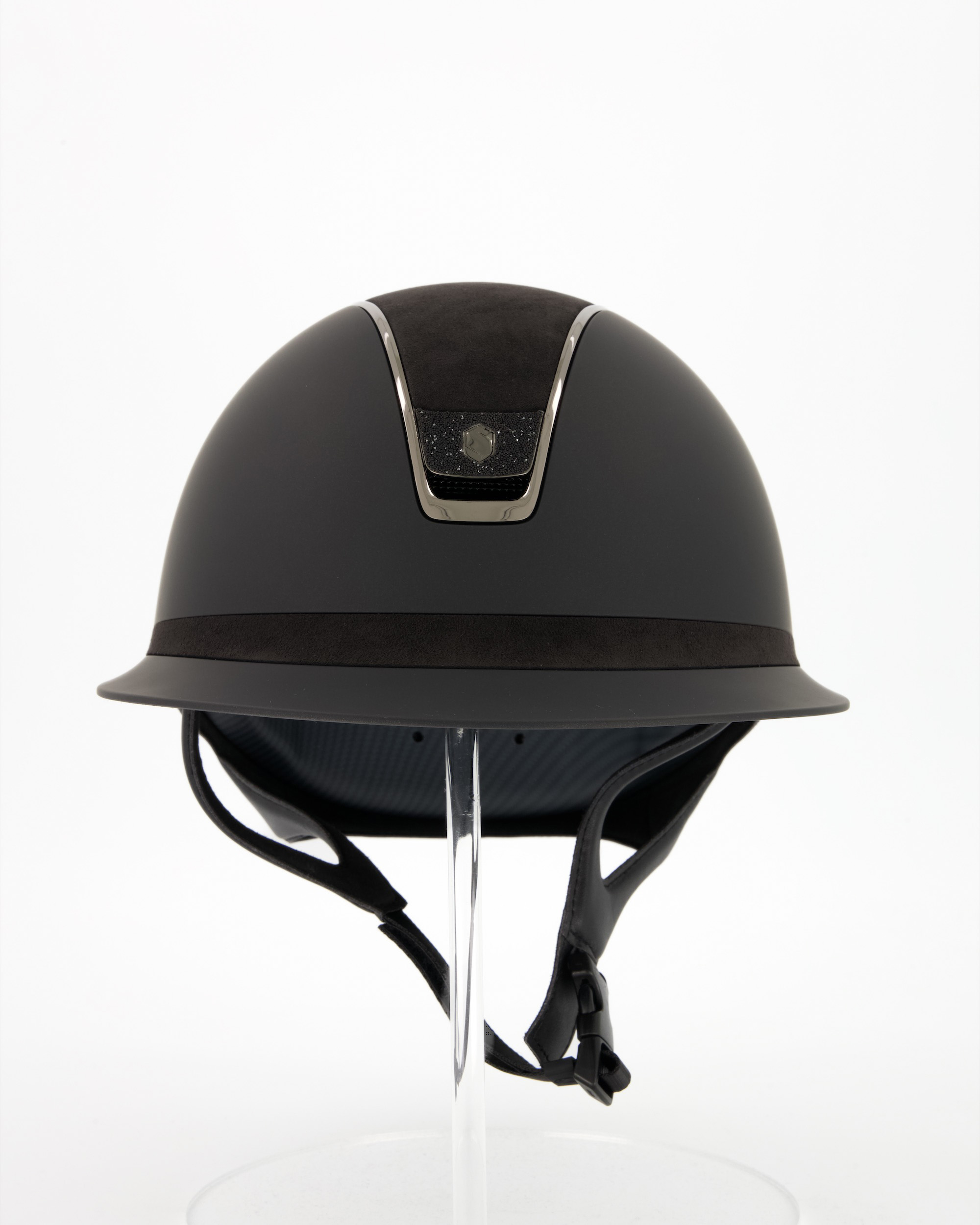 Riding helmet 2.0 Miss Shield Shadowmatt Top u. Frontal Band Alcantara, Trim Chrome Black, Blason Crystal Fabric Black in black