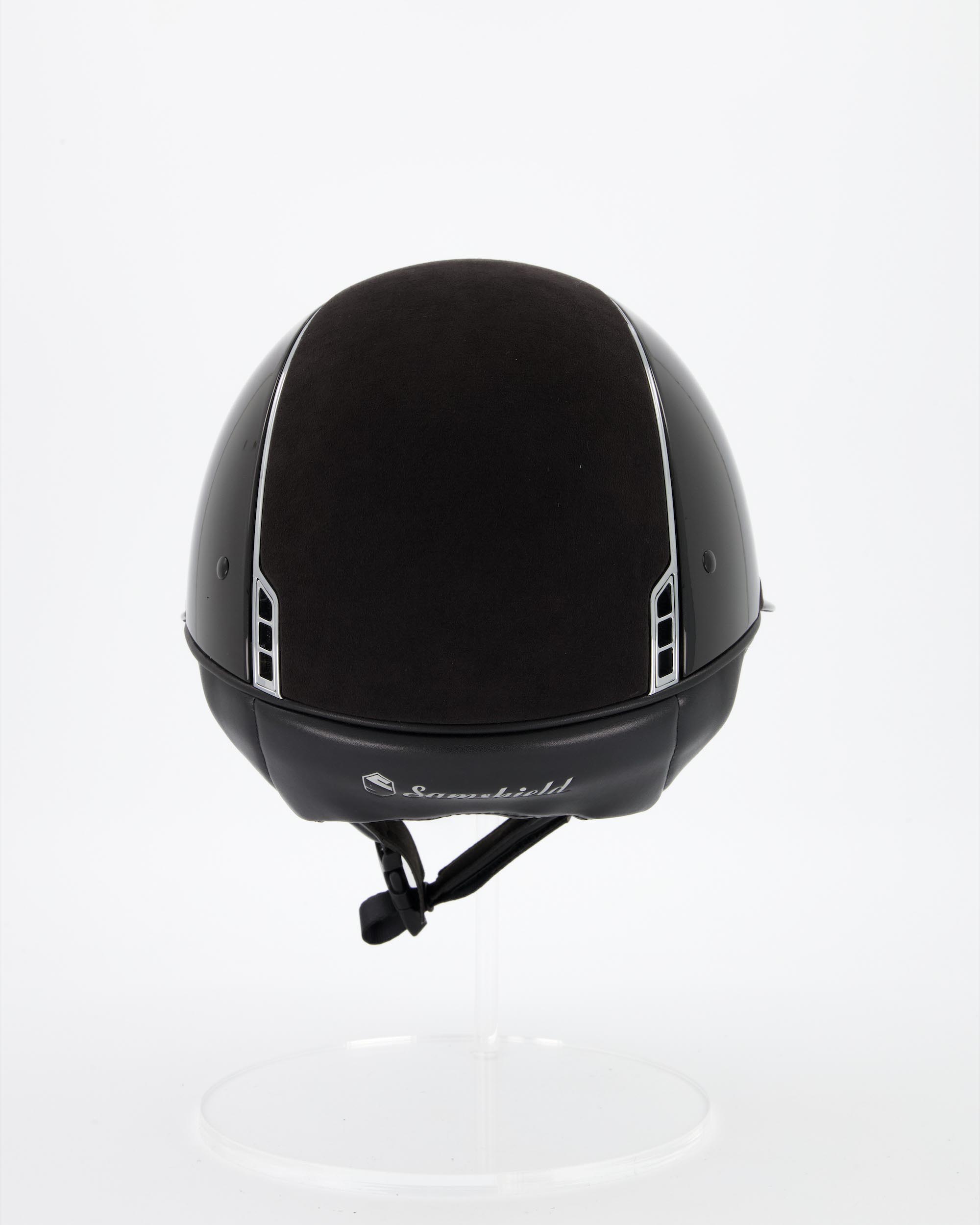 Riding helmet Miss Shield Shadowglossy Black, Top Alcantara Black, Frontalband Alcantara Black, Trim Chrome Silver, Blason Chrome Silver in black