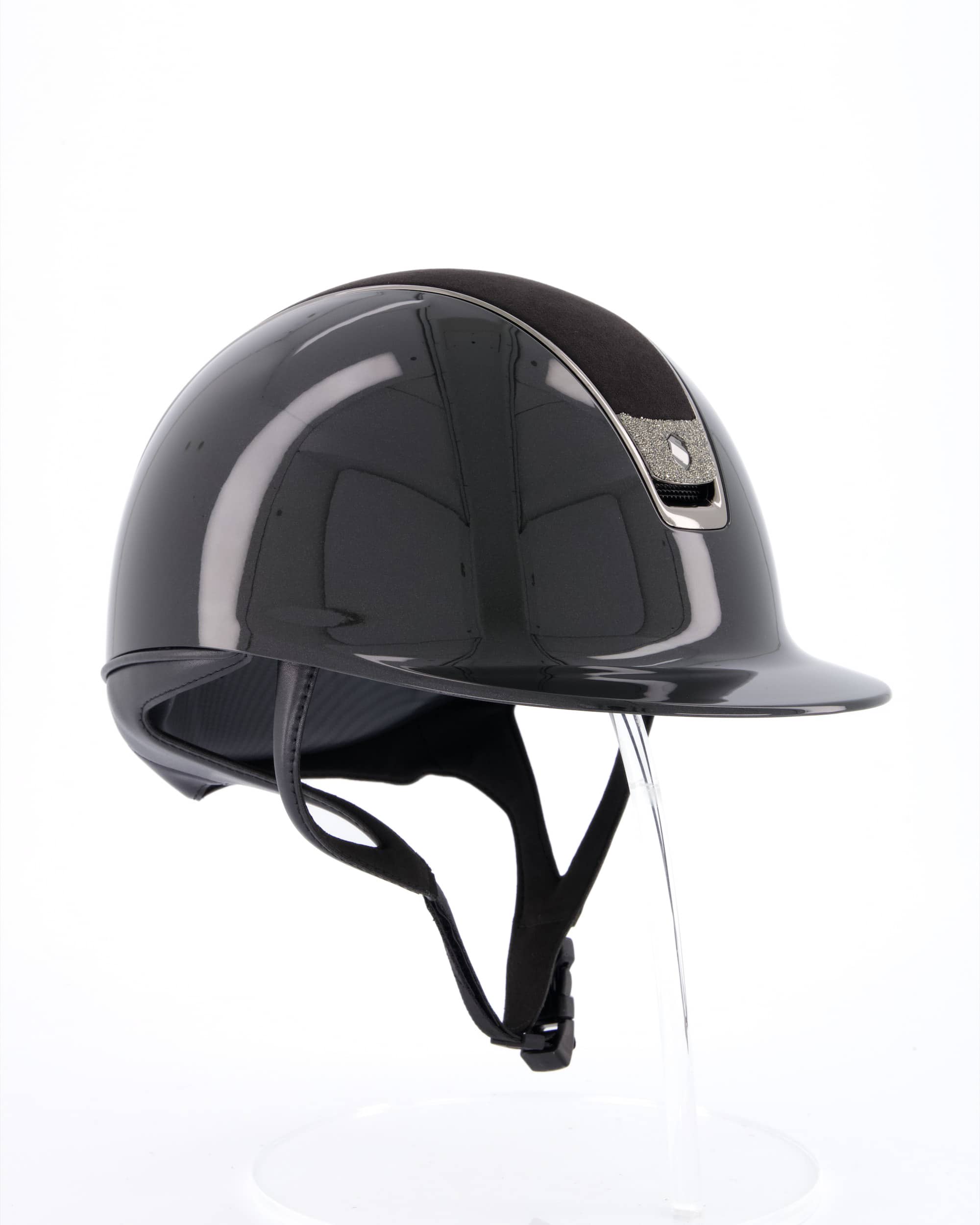 Riding helmet 2.0 Shadowglossy, Top Alcantara Black, Trim Black Chrome, Blason Crystal Fabric Swarovski Silver in black