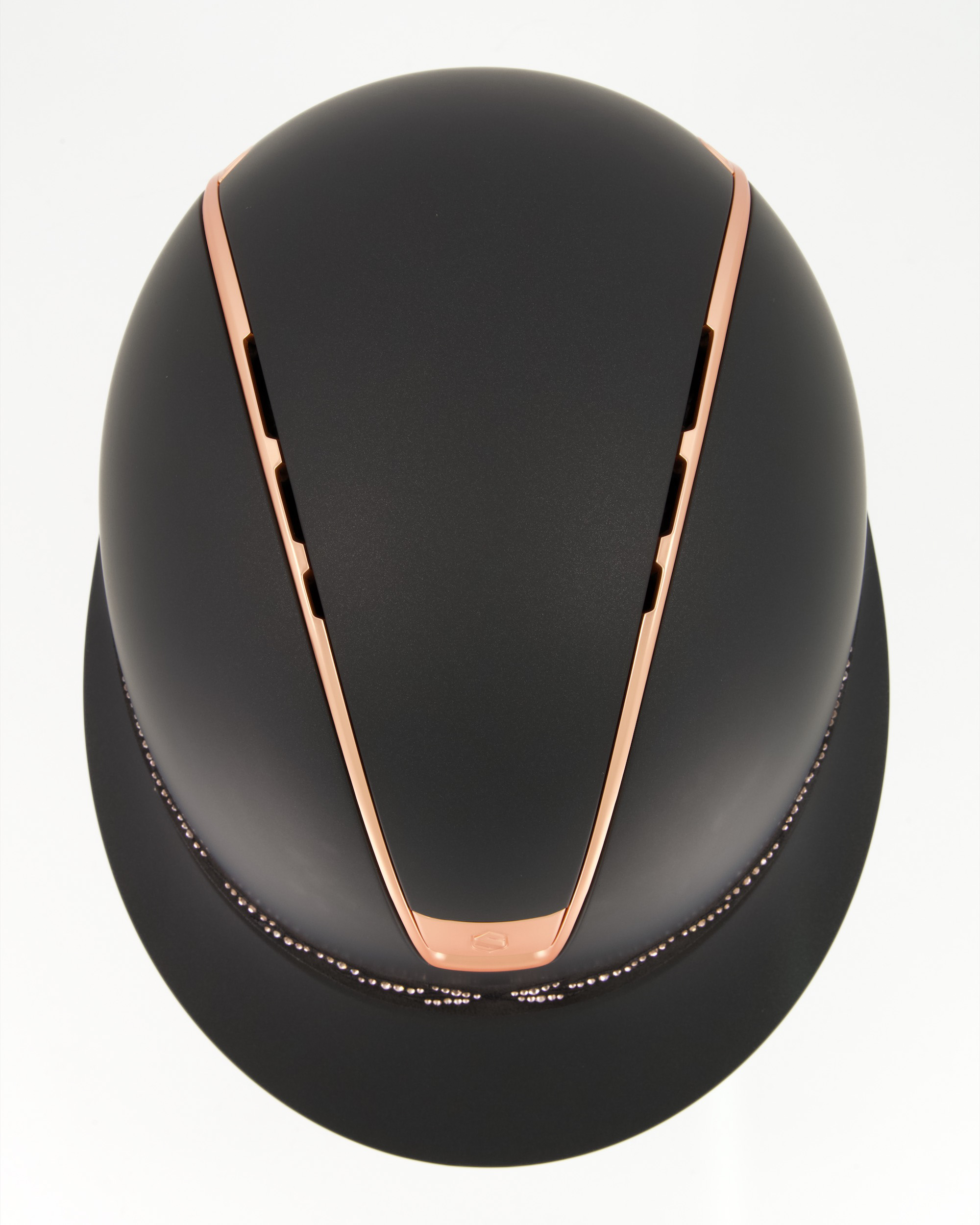 Reithelm 2.0 Miss Shield Shadowmatt black, Frontalband Flower Swarovski Vintage Rose, Trim u. Blason Matt Pink Gold in schwarz