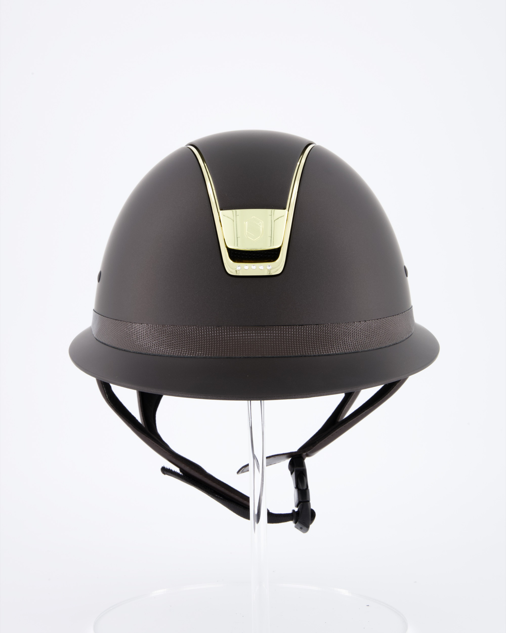 Reithelm Miss Shield Shadowmatt Braun, Top Shadowmatt Braun, Frontal Band Shimmer Braun, Trim Chrome Gold, 5 Swarovski Blason Chrome Gold