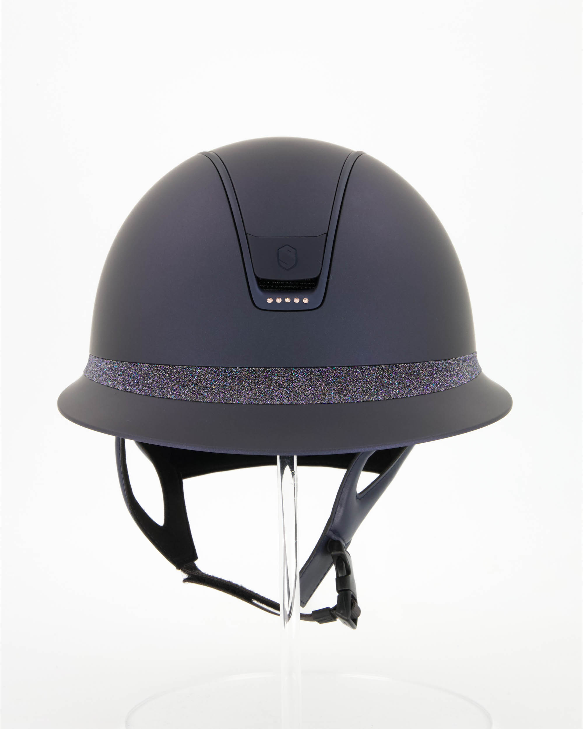 Reithelm Miss Shield 2.0 Shadowmatt blau, Frontal Band Crystal Fabric Paradise Shine, Trim u. Blason Matt Navy, 5 Swarovski Vintage Pink