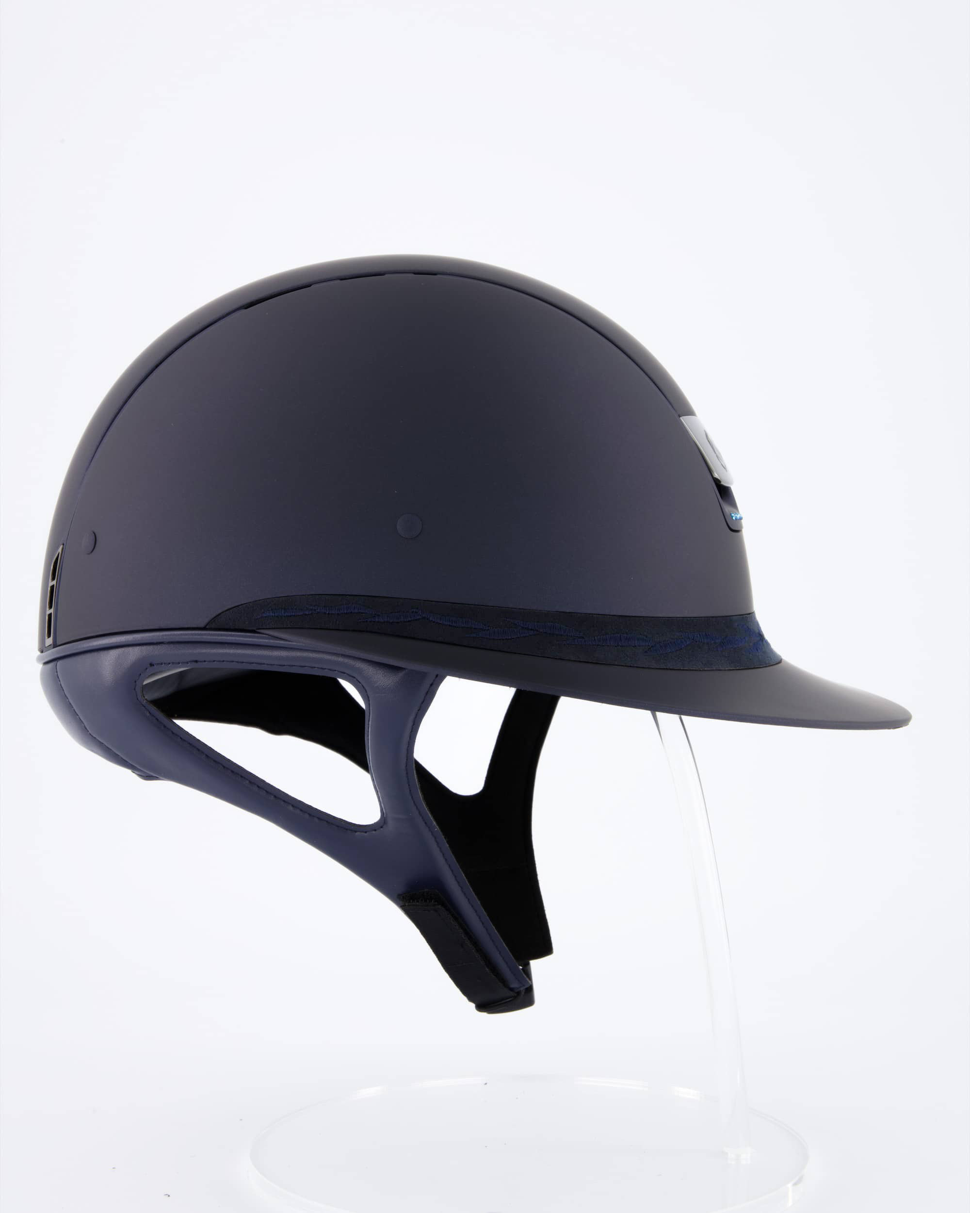 Riding helmet Miss Shield Shadowmatt Blue, Top Shadowmatt Blue, Frontal Band Flower Embroidery Blue, Trim Matt Navy Blue, 5 Swarovski Dark Blue, Blason Chrome Black