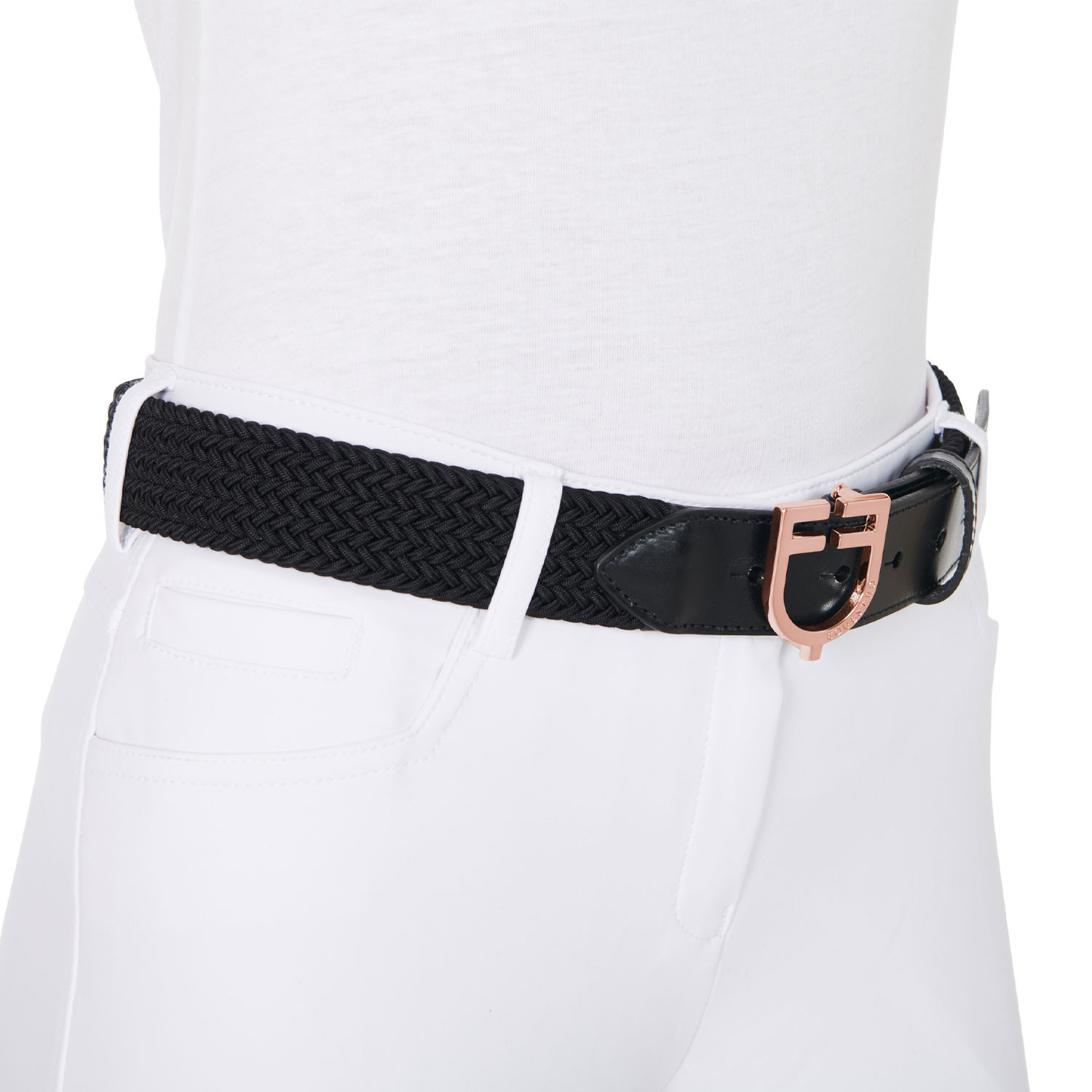 Elastischer Ledergürtel mit roségoldfarbener Logo-Schnalle