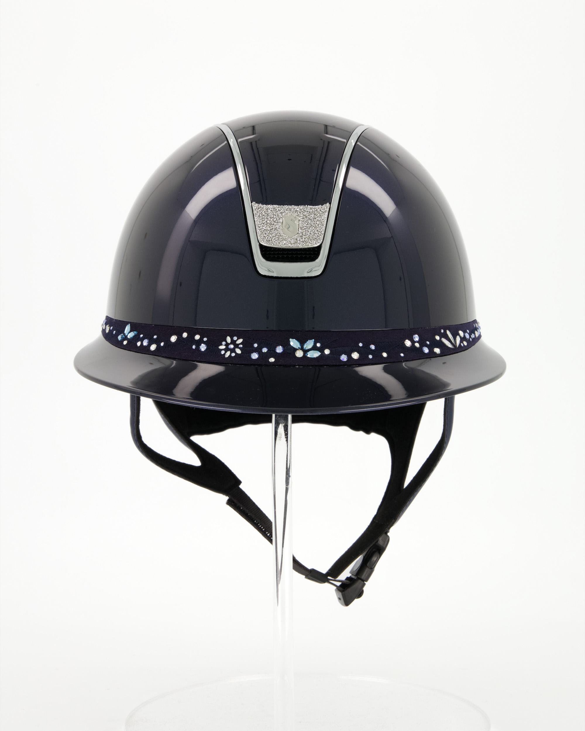 Riding helmet 2.0 Miss Shield Shadowglossy Blue, Frontalband Flower Swarovski Jewerly, Trim Chrome Silver, Blason Crystal Fabric Silver