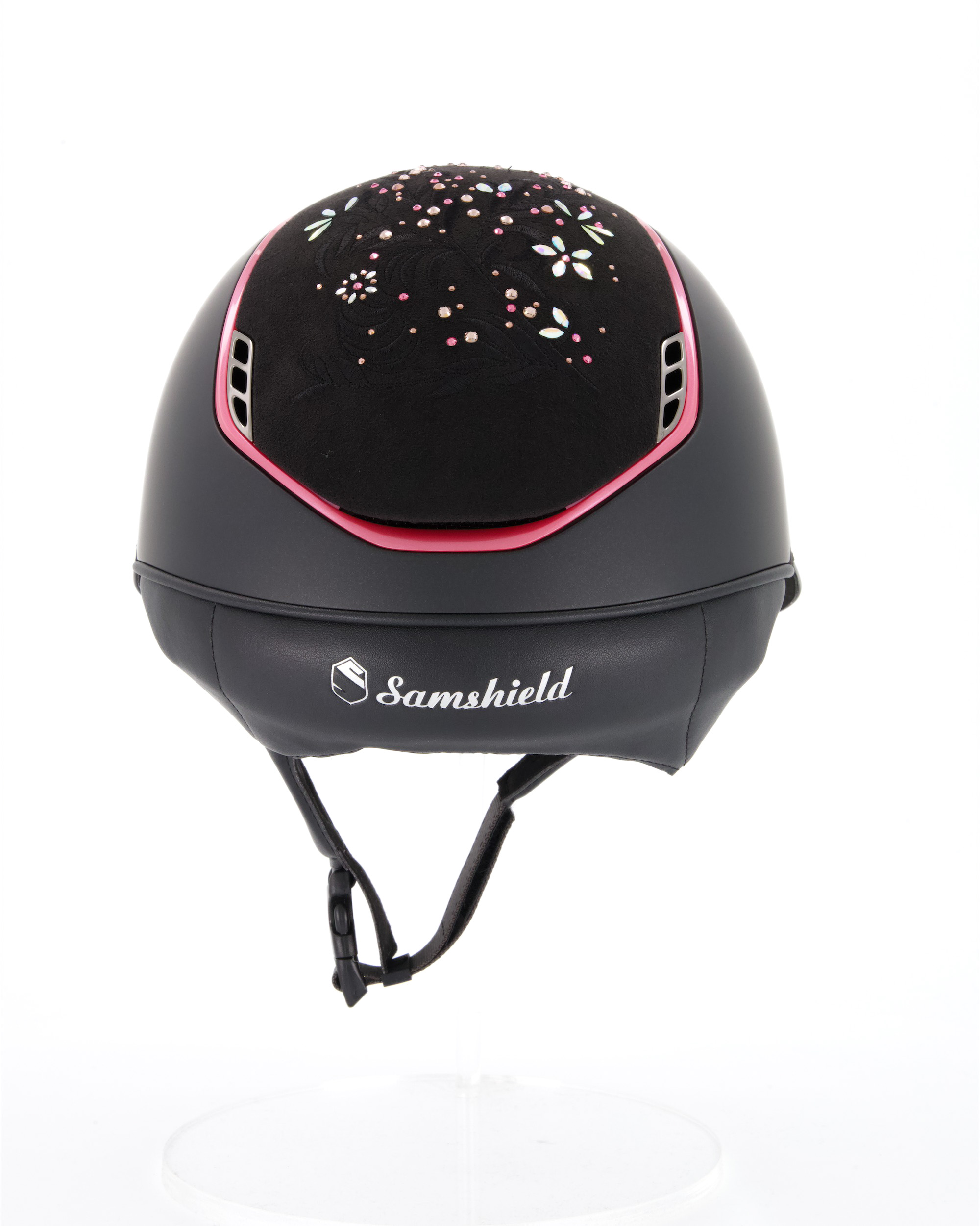 Reithelm 2.0 Shadowmatt black, Top u. Frontal Band Flower Swarovski Jewelry in Majestic Pink, Trim Metallic baby pink, Blason Chrome Black