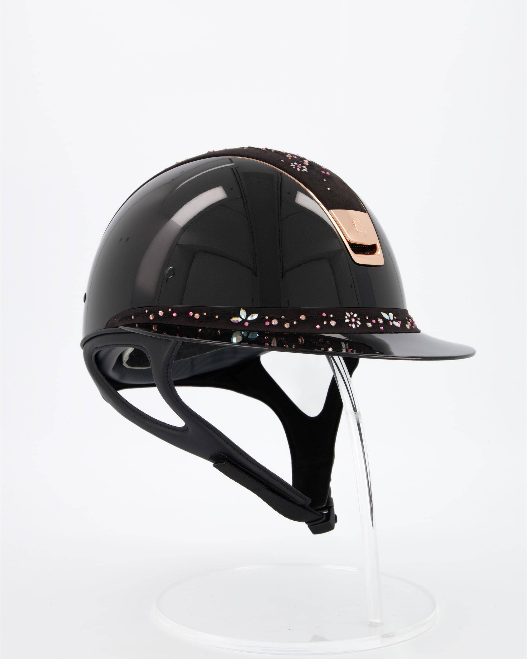 Reithelm Miss Shield Shadowglossy Metallic Black, Top u. Frontal Band Flower Swarovski Jewelry Majestic Pink, Trim Chrome Rosegold, Blason Chrome Rosegold in schwarz
