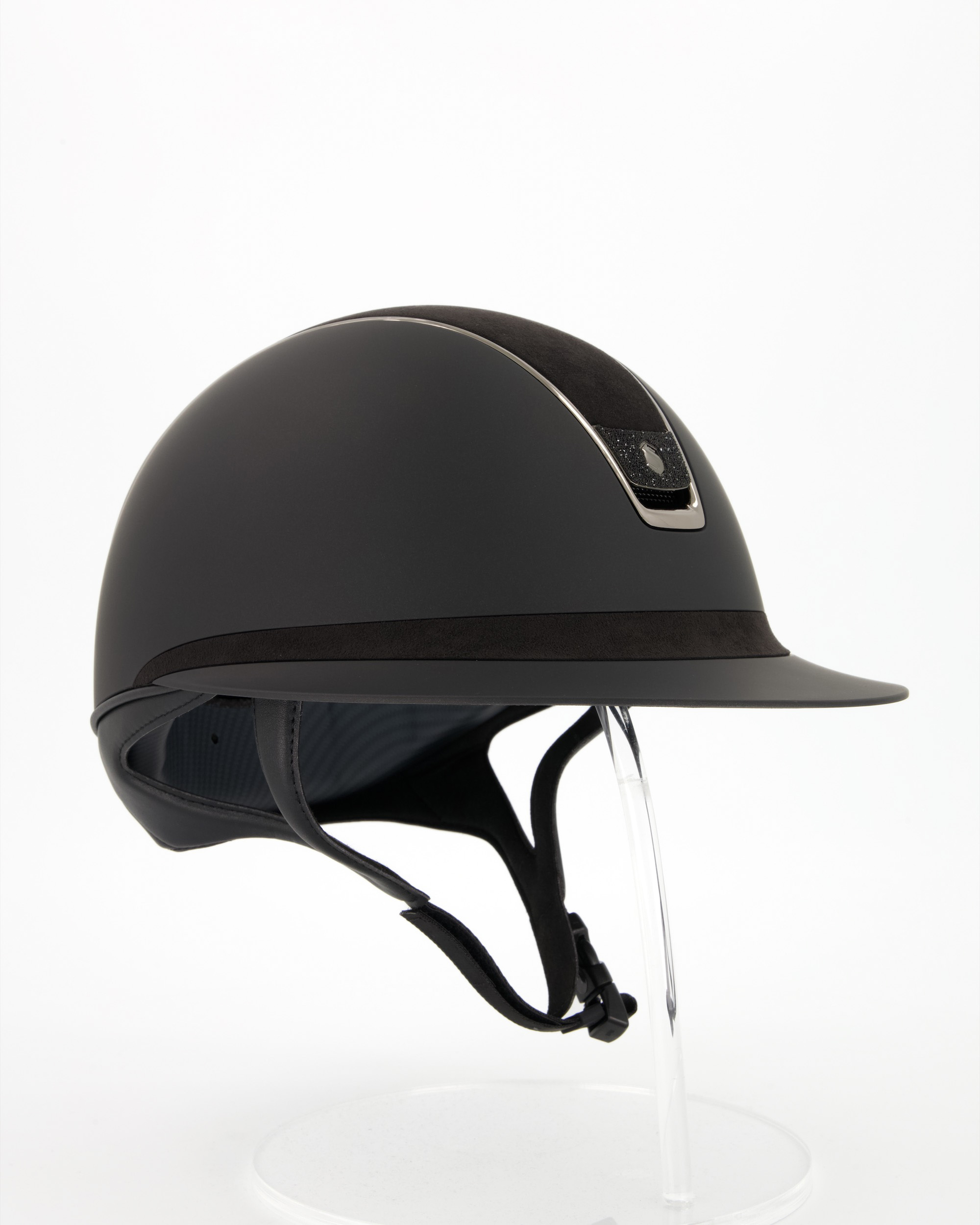 Riding helmet 2.0 Miss Shield Shadowmatt Top u. Frontal Band Alcantara, Trim Chrome Black, Blason Crystal Fabric Black in black