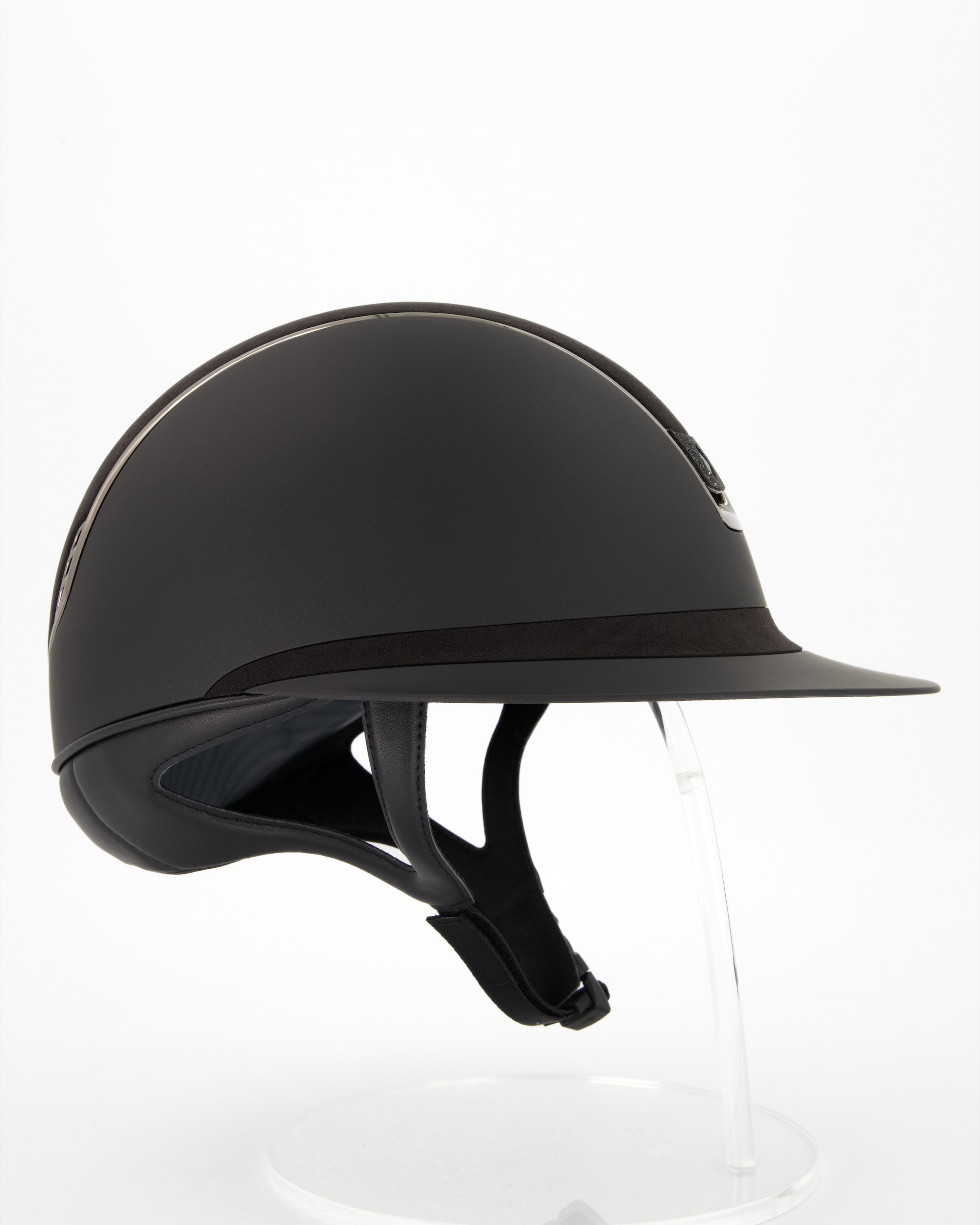 Riding helmet 2.0 Miss Shield Shadowmatt Top u. Frontal Band Alcantara, Trim Chrome Black, Blason Crystal Fabric Black in black