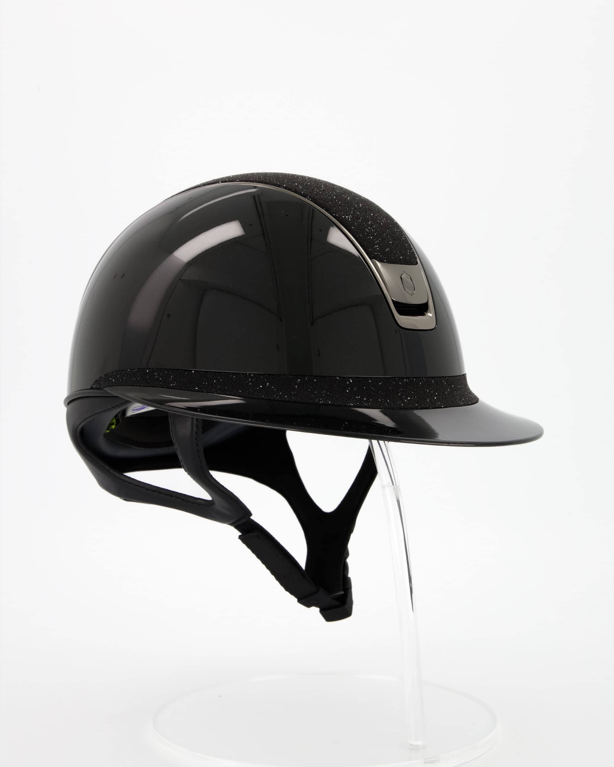 Riding helmet 2.0 Miss Shield Shadowglossy black Top u. Frontal Band Crystal Fabric Black, Trim Chrome Black, Blason Chrome Black in black