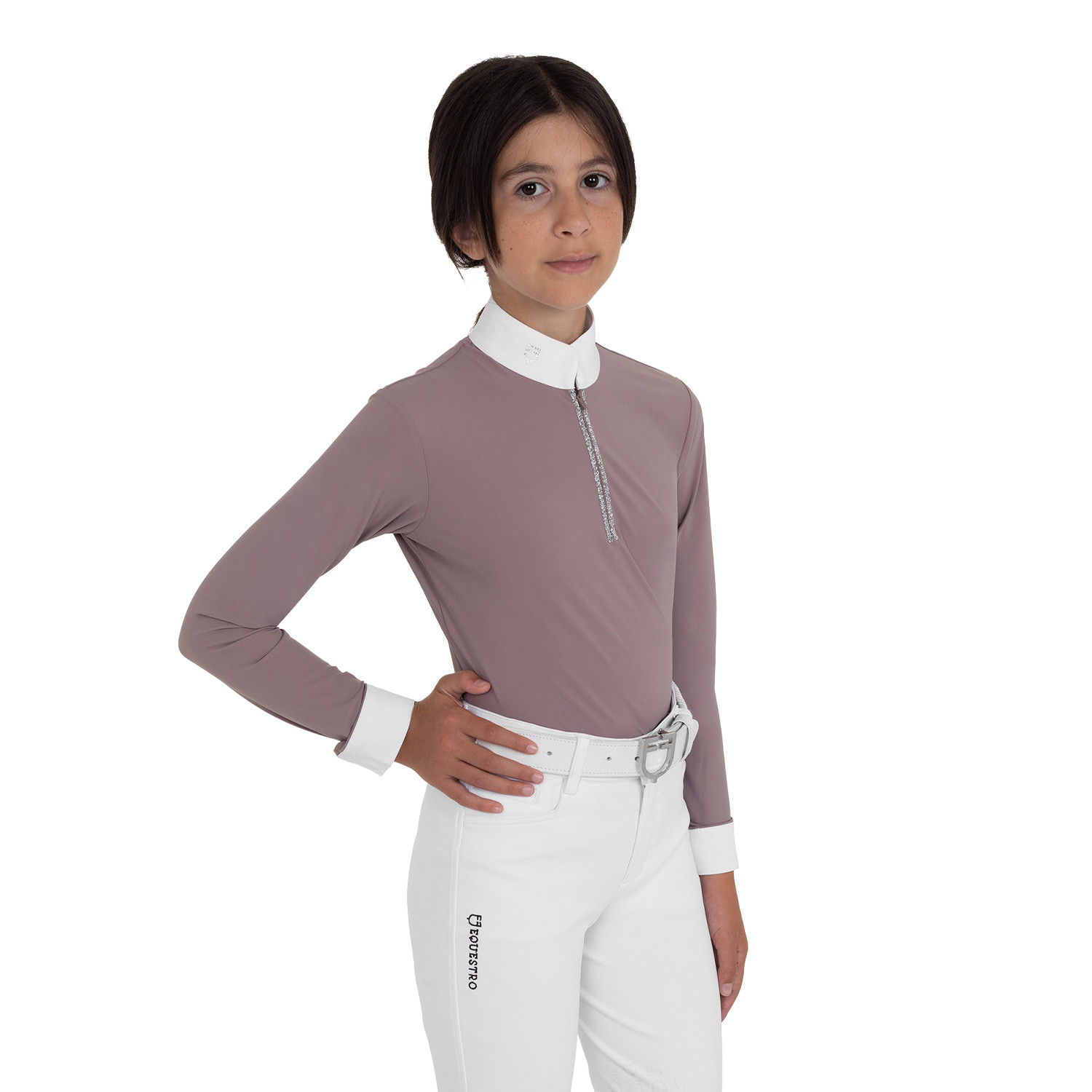 Langarm-Turnierpoloshirt für Mädchen mit Strasssteinen