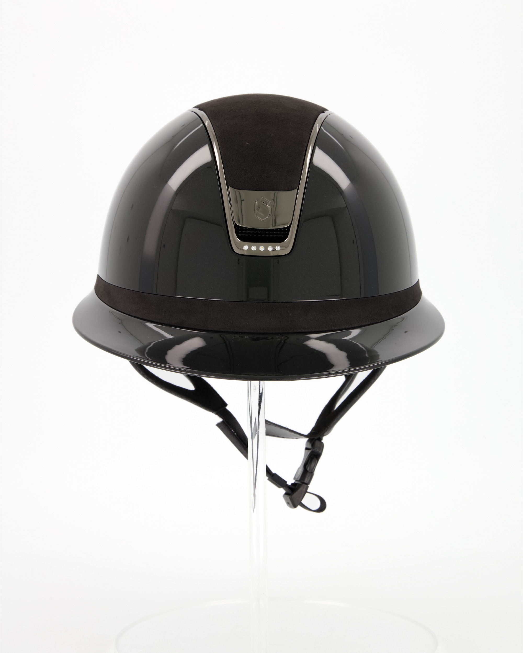 Riding helmet 2.0 Miss Shieldglossy Black, Top and frontal band Alcantara Black, Trim and Blason Chrome Black, 5 Swarovski Black in black