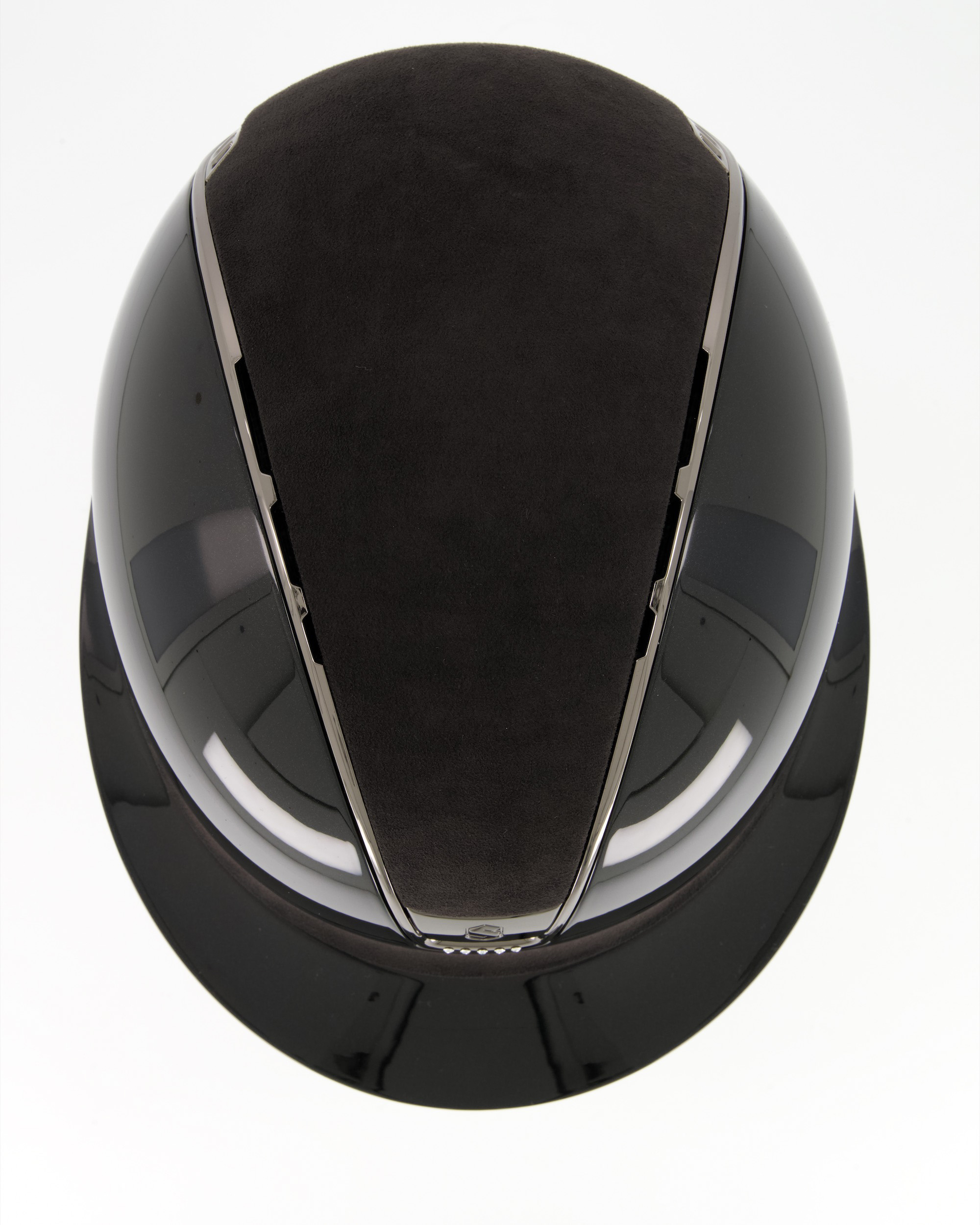 Riding helmet 2.0 Miss Shieldglossy Black, Top and frontal band Alcantara Black, Trim and Blason Chrome Black, 5 Swarovski Black in black