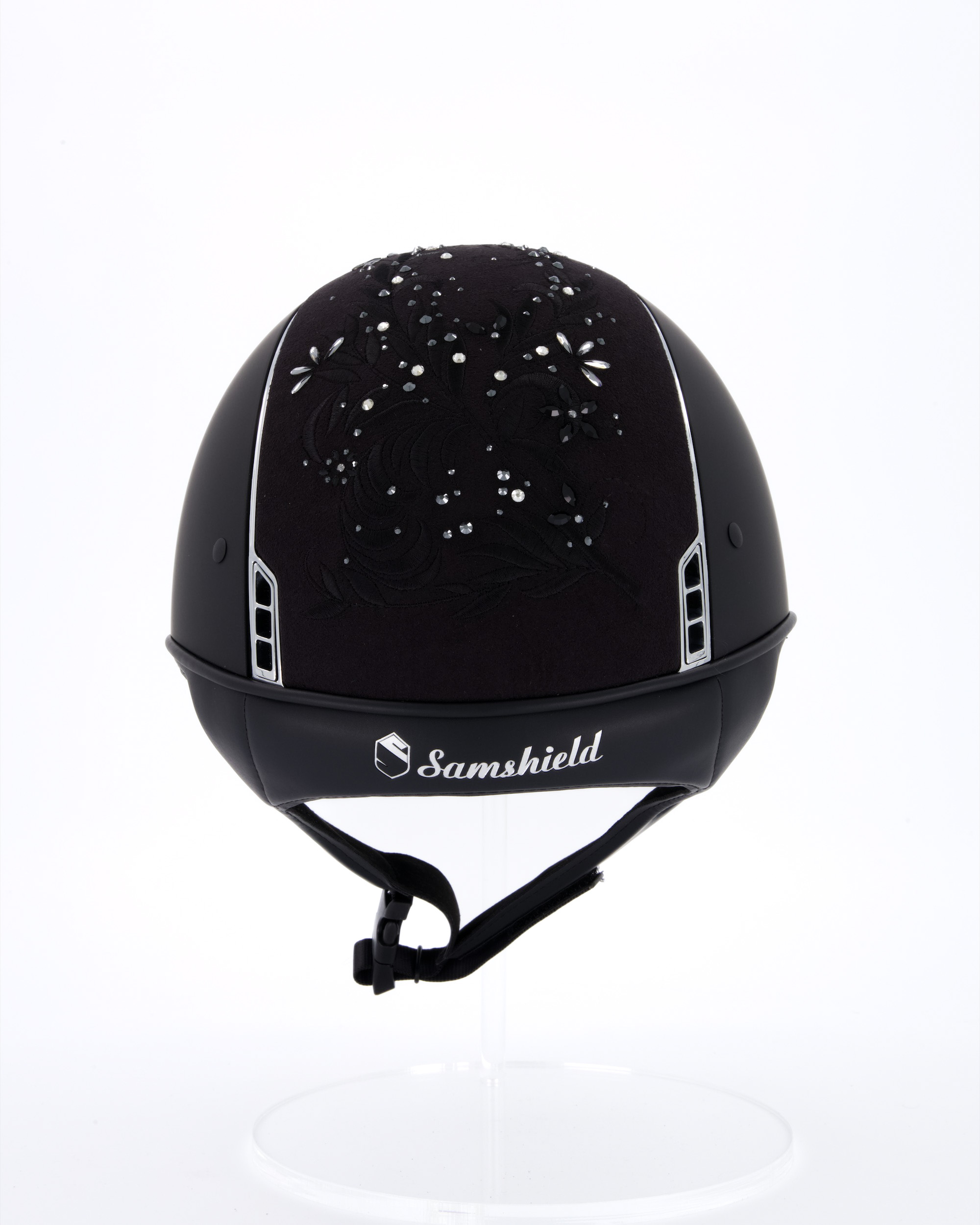 Riding helmet Shadowmatt Black, Top Flower Swarovski Jewerly Black Mejestic Black, Trim Chrome Silver, Blason Chrome Silver