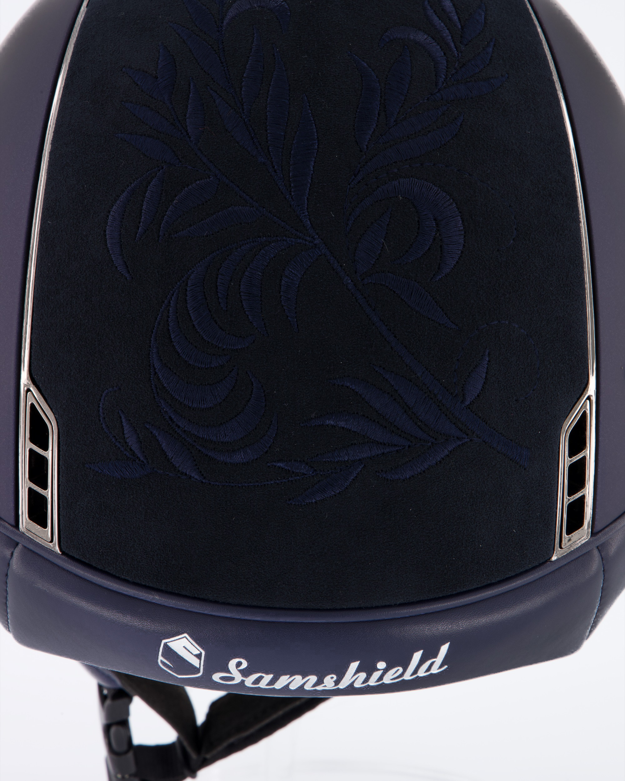 Reithelm Miss Shield Shadowmatt Blue, Top Flower Embroidery Blue, Frontal Band Flower Swarovski Blue, Trim u. Blason Chrome Black