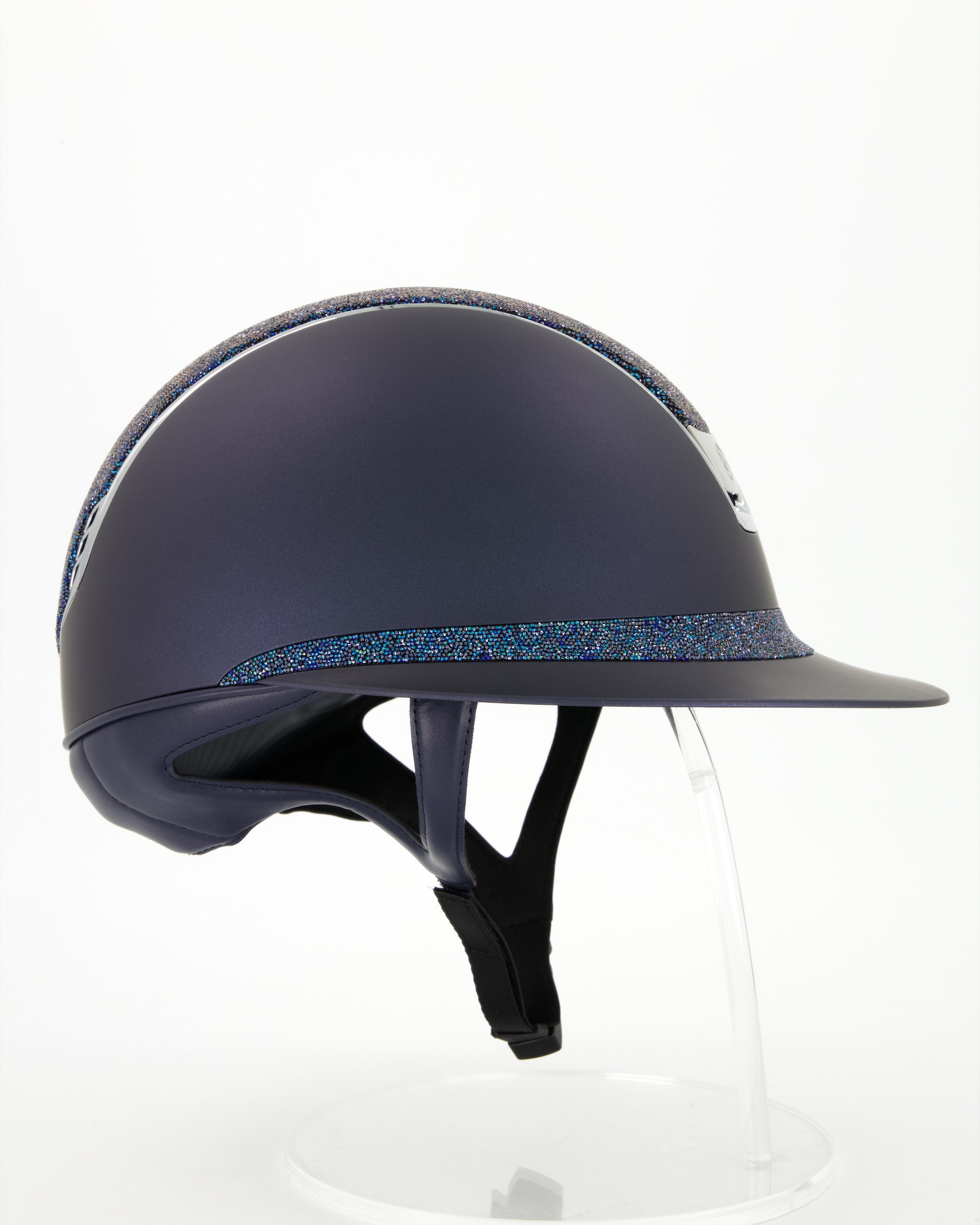 Riding helmet 2.0 Miss Shield Shadowmatt Blue, top and front strap Ultra Fine Rocks, Trim and Blason Chrome Silver in blue