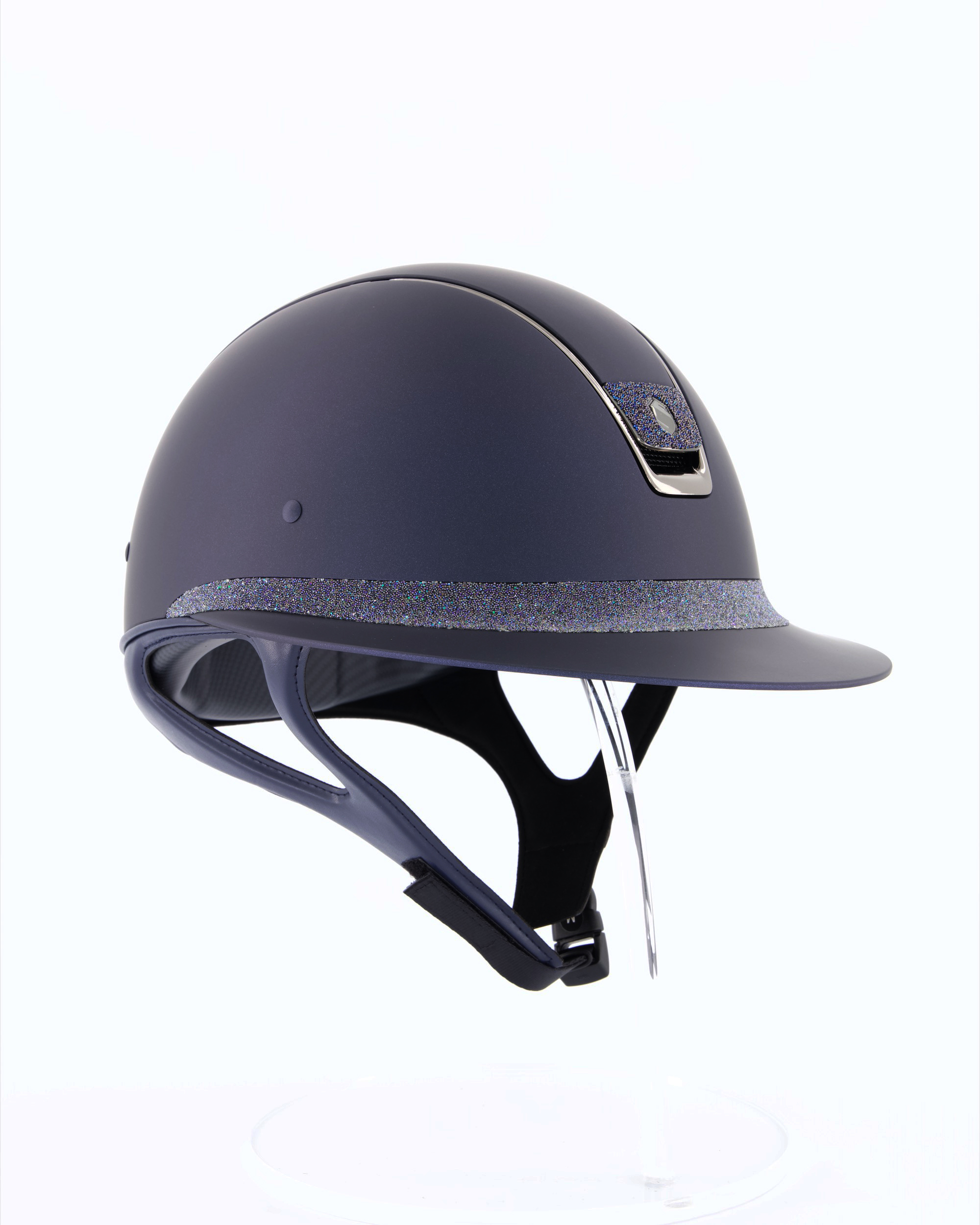 Riding helmet Miss Shield Shadowmatt, Frontal Band Crystal Fabric Swarovski Bermuda Blue, Trim Chrome Black, Blason Crystal Fabric Bermuda Blue in Blue