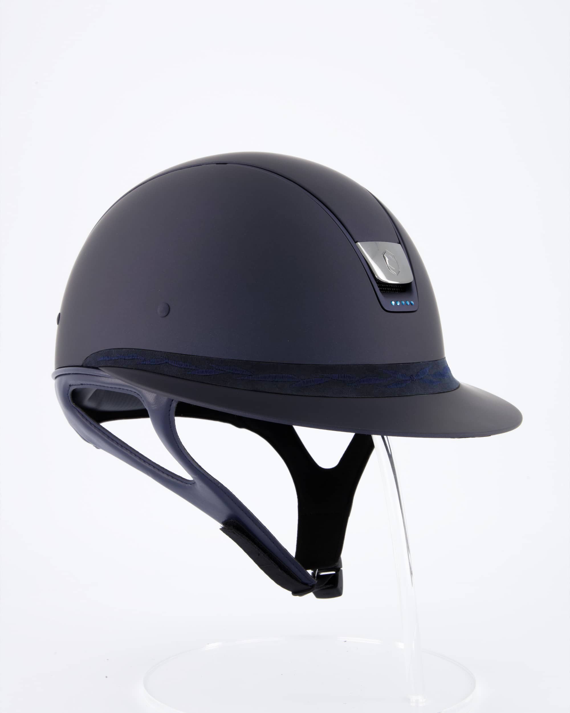 Riding helmet Miss Shield Shadowmatt Blue, Top Shadowmatt Blue, Frontal Band Flower Embroidery Blue, Trim Matt Navy Blue, 5 Swarovski Dark Blue, Blason Chrome Black