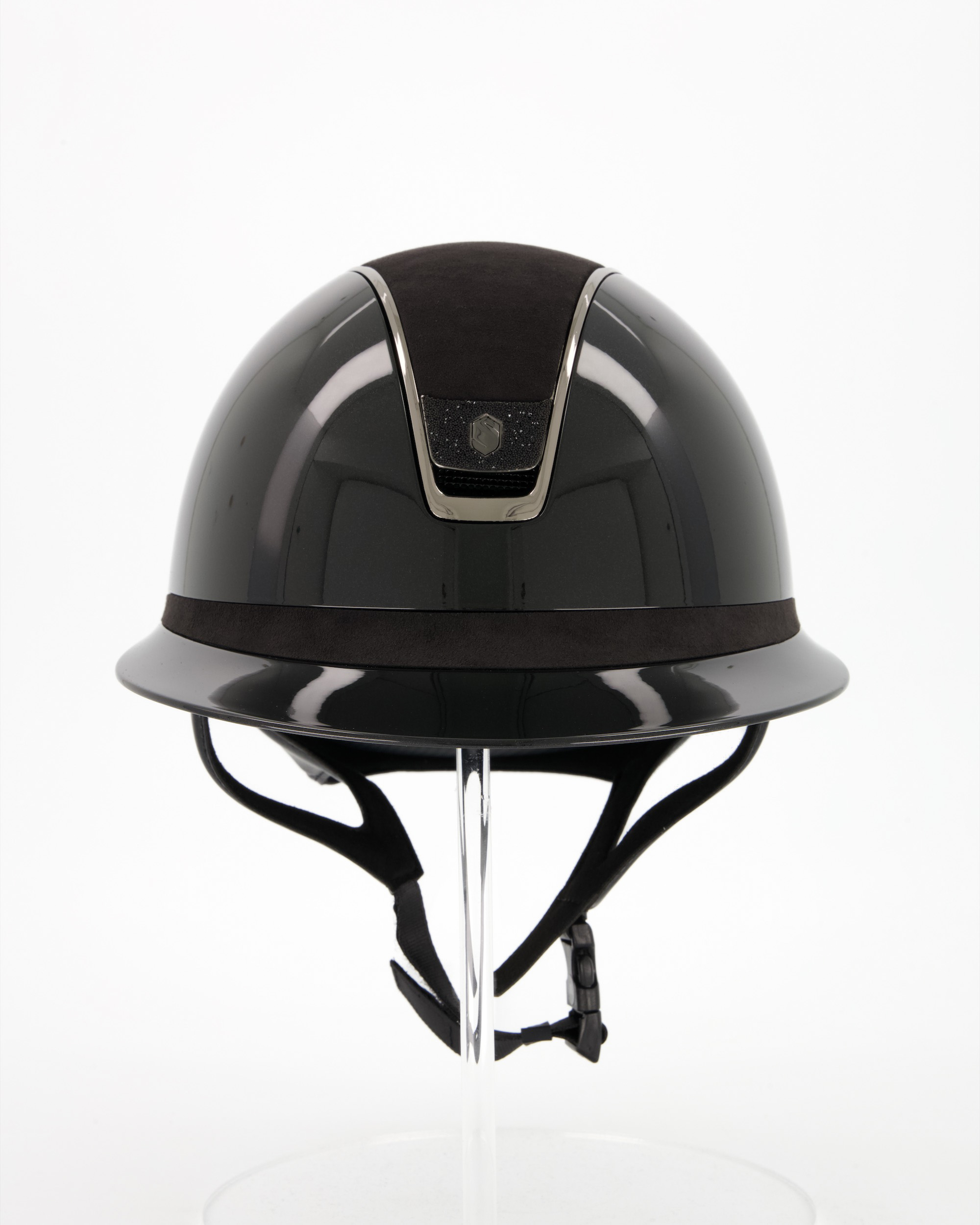 Riding helmet 2.0 Miss Shield Shadowglossy Top u. Frontal Band Alcantara, Trim Chrome Black, Blason Crystal Fabric Black in black