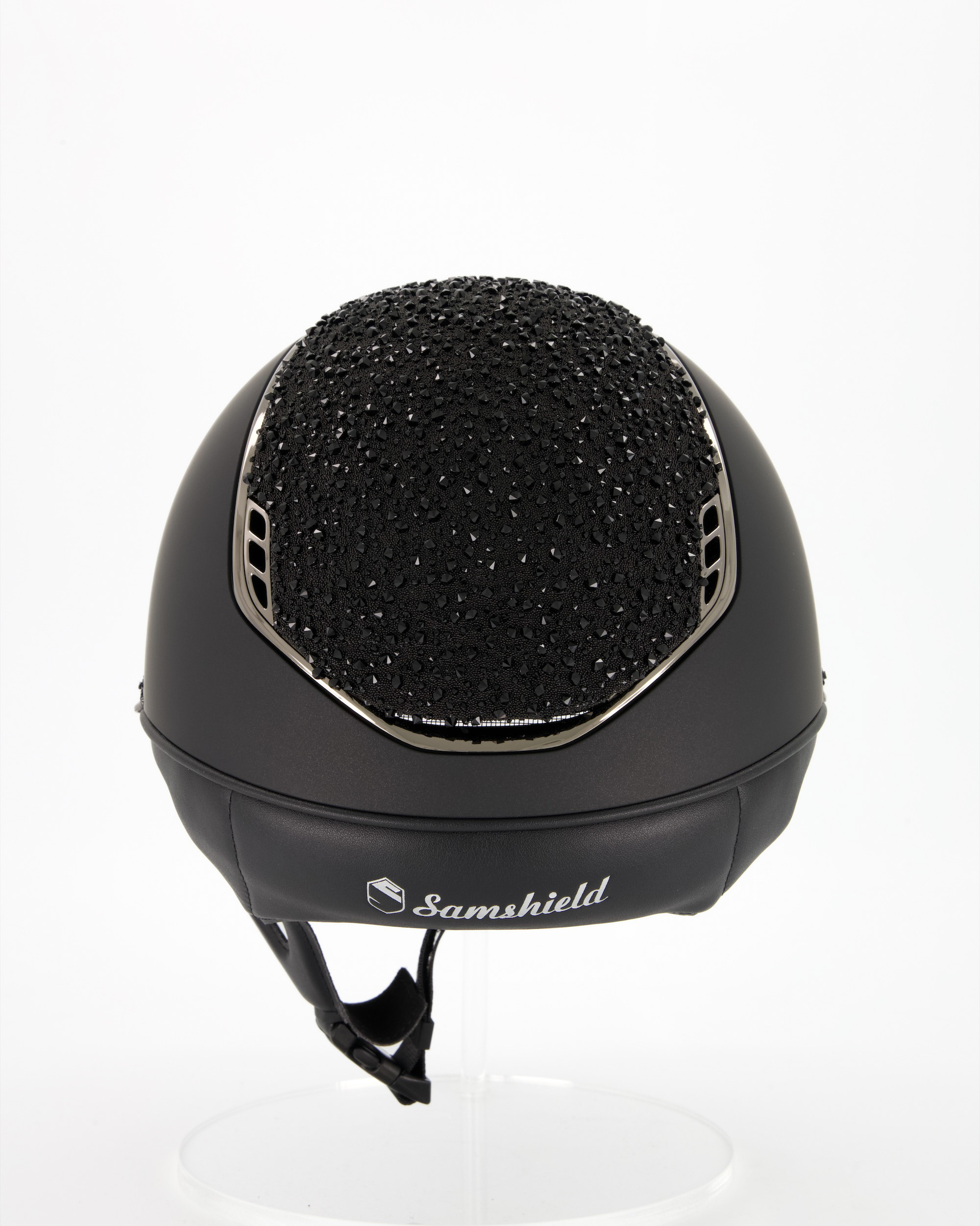 Reithelm 2.0 Miss Shield Shadowmatt, Top u. Frontal Band Crystal Medley Swarovski Black, Trim u. Blason Chrome Black in schwarz