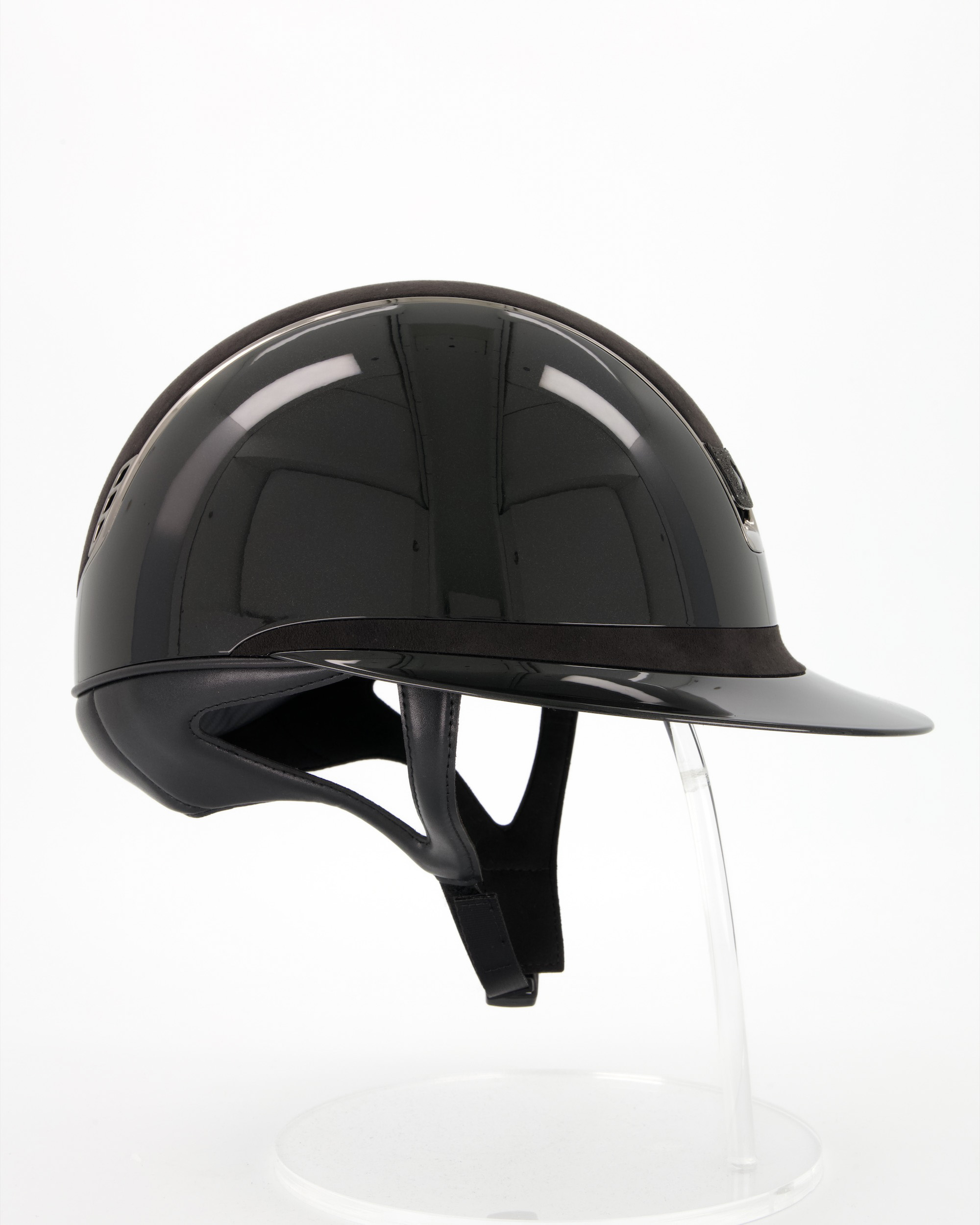 Riding helmet 2.0 Miss Shield Shadowglossy Top u. Frontal Band Alcantara, Trim Chrome Black, Blason Crystal Fabric Black in black