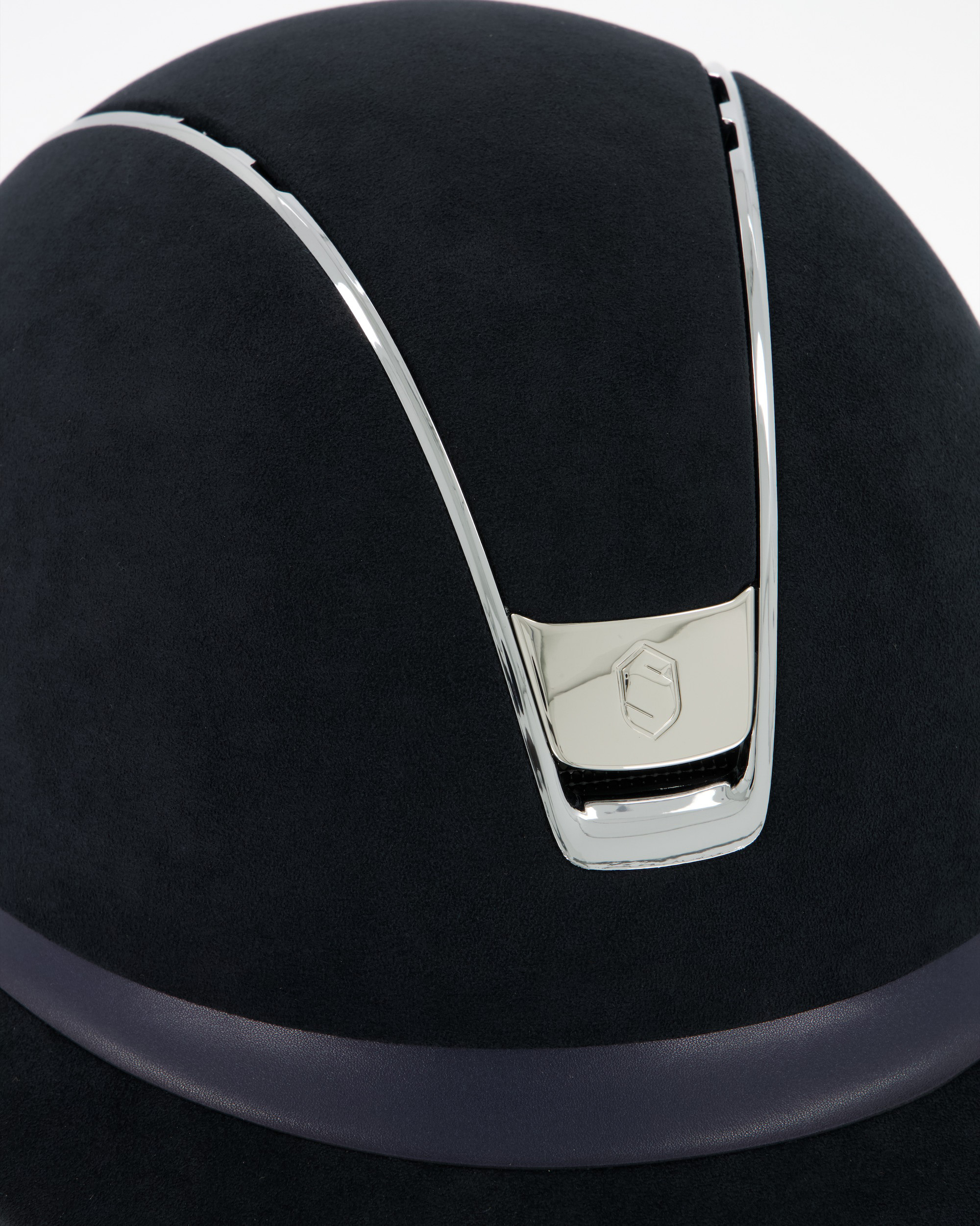 Reithelm Miss Shield 2.0 Premium, Top Alcantara Blue, Frontal Band Leather Blue, Trim u. Blason Chrome Silver in blau