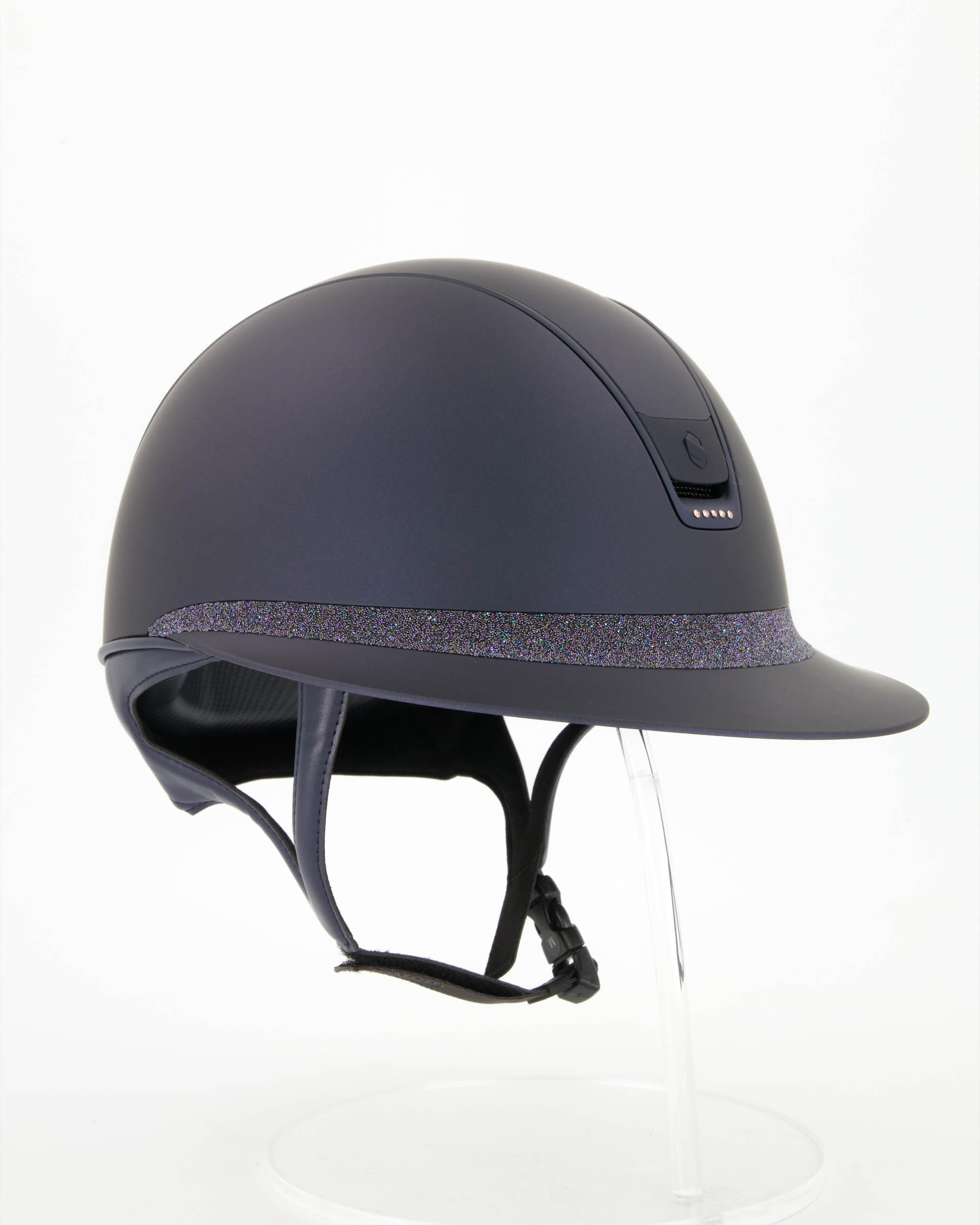 Reithelm Miss Shield 2.0 Shadowmatt blau, Frontal Band Crystal Fabric Paradise Shine, Trim u. Blason Matt Navy, 5 Swarovski Vintage Pink