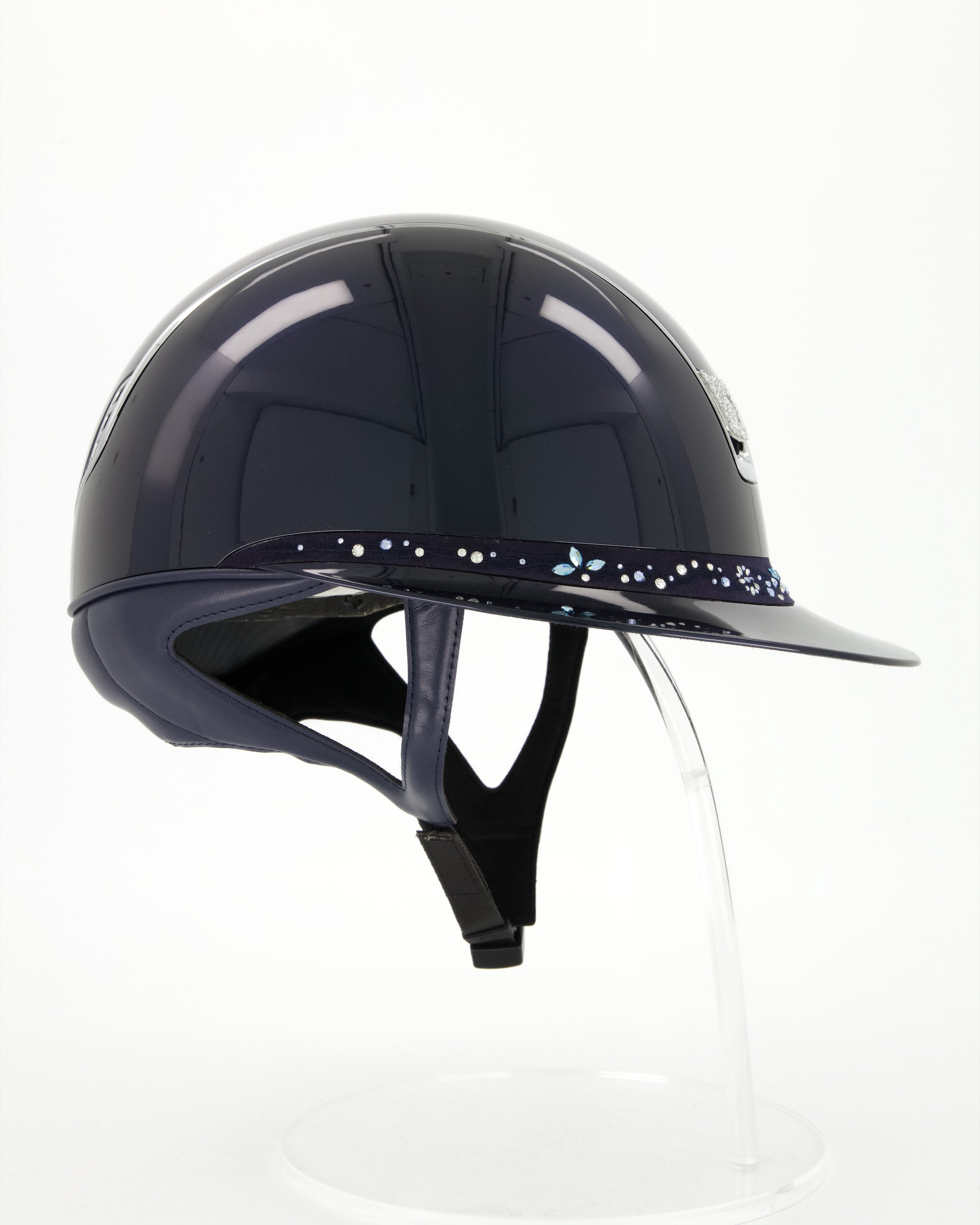 Riding helmet 2.0 Miss Shield Shadowglossy Blue, Frontalband Flower Swarovski Jewerly, Trim Chrome Silver, Blason Crystal Fabric Silver