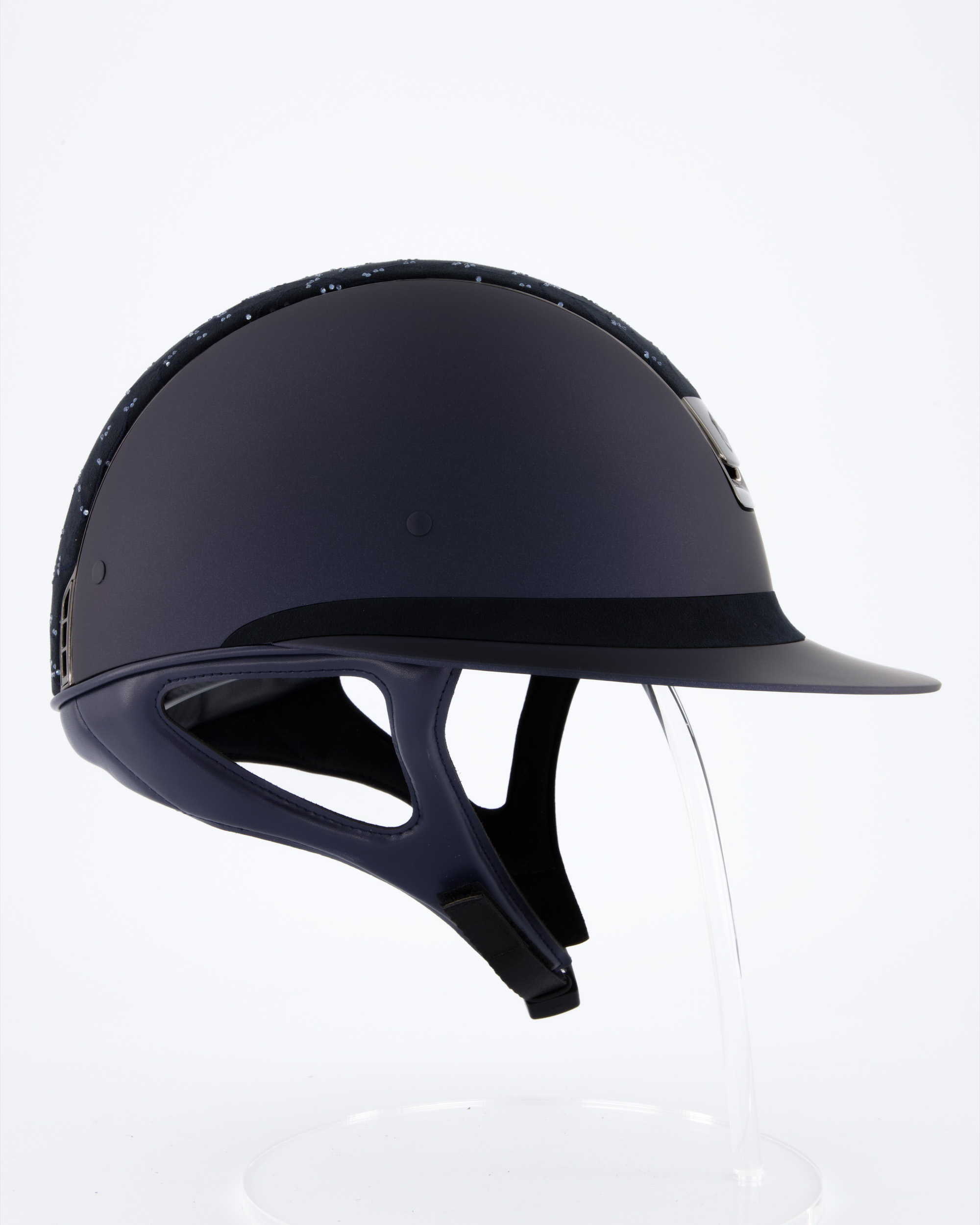 Riding helmet Miss Shield Shadowmatt Blue, Top Crystal Leaf Blue / Alcantara Blue, Frontal Band Alcantara Blue, Trim Chrome Black, Blason Chrome Black in blue