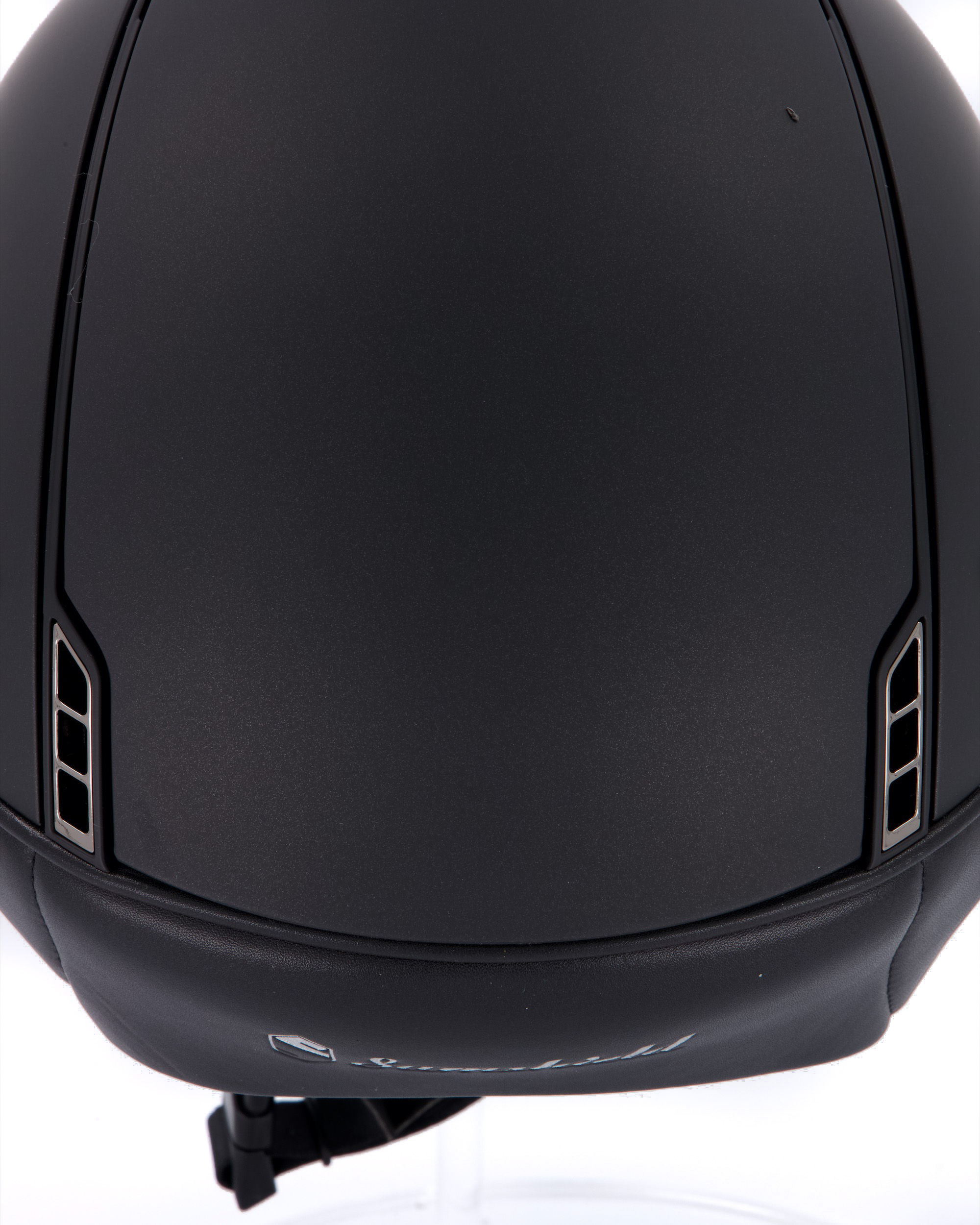 Riding helmet Miss Shield Shadowmatt Black, Top Shadowmatt Black, Frontal Band Flower Embroidery Black, Trim Matt Black, 5 Swarovski Jet Hemitate, Blason Chrome Black
