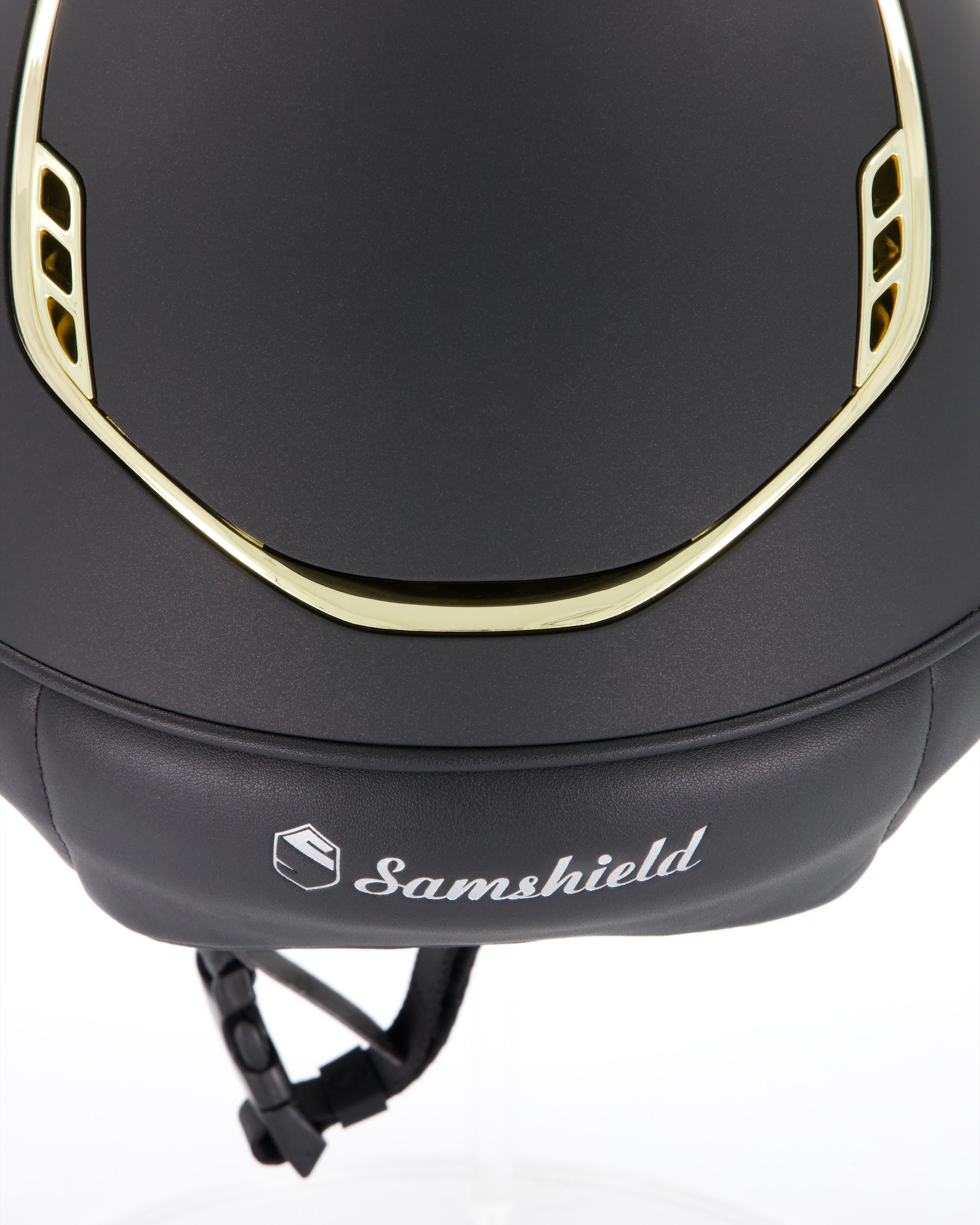 Riding helmet 2.0 Miss Shield Shadowmatt Black, Trim Chrome Gold, Blason Crystal Fabric Gold Riding helmet 2.0 Miss Shield Shadowmatt Black, Trim Chrome Gold, Blason Crystal Fabric Gold