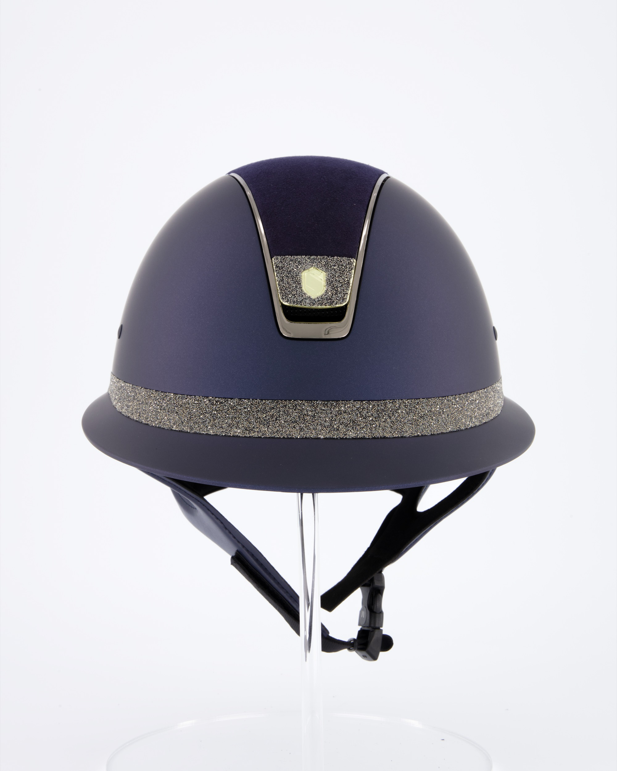 Riding helmet Miss Shield Shadowmatt Blue, Top Alcantara Blue, Frontal Band Crystal Fabric Swarovski Metal Eclipse, Trim Chrome Black, Blason Crystal Fabric Gold