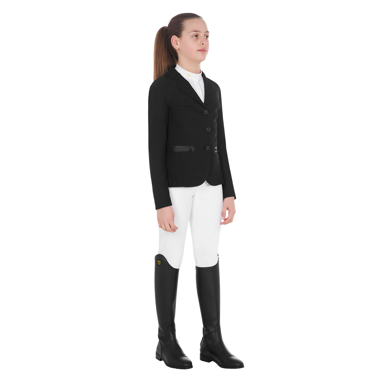 Mädchen-Turnierjacke mit drei Knöpfen aus perforiertem Gewebe