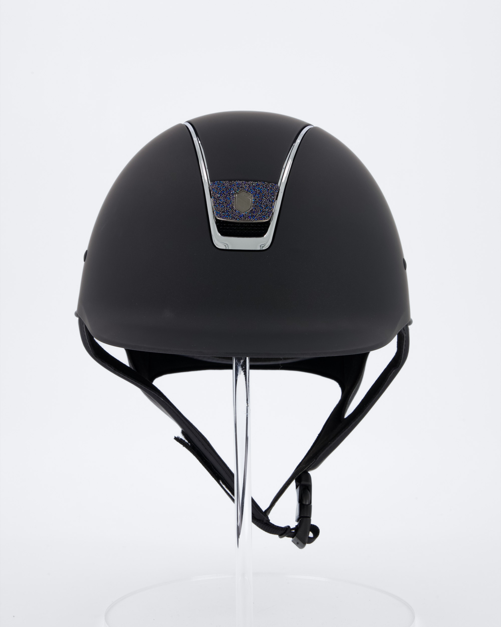 Riding helmet Shadowmatt Black, Top Shadowmatt Black, Trim Chrome Silver, Blason Crystal Fabric Bermuda Blue, Dressage cut-out, Size: L