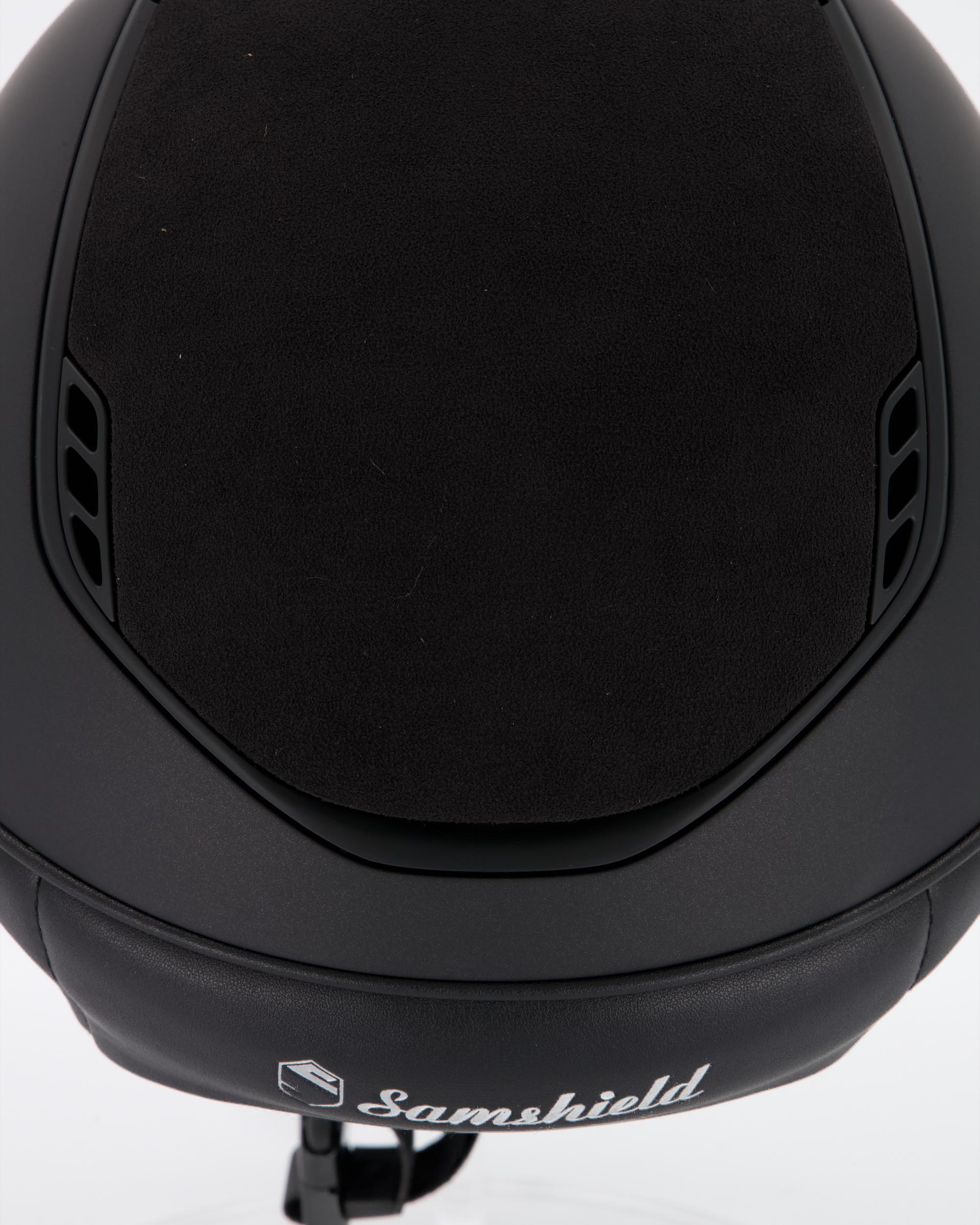 Riding helmet 2.0 Miss Shield Shadowmatt Black, Top Alcantara Black Frontal Band Flower Swarovski, Trim u. Blason Matt Black in black