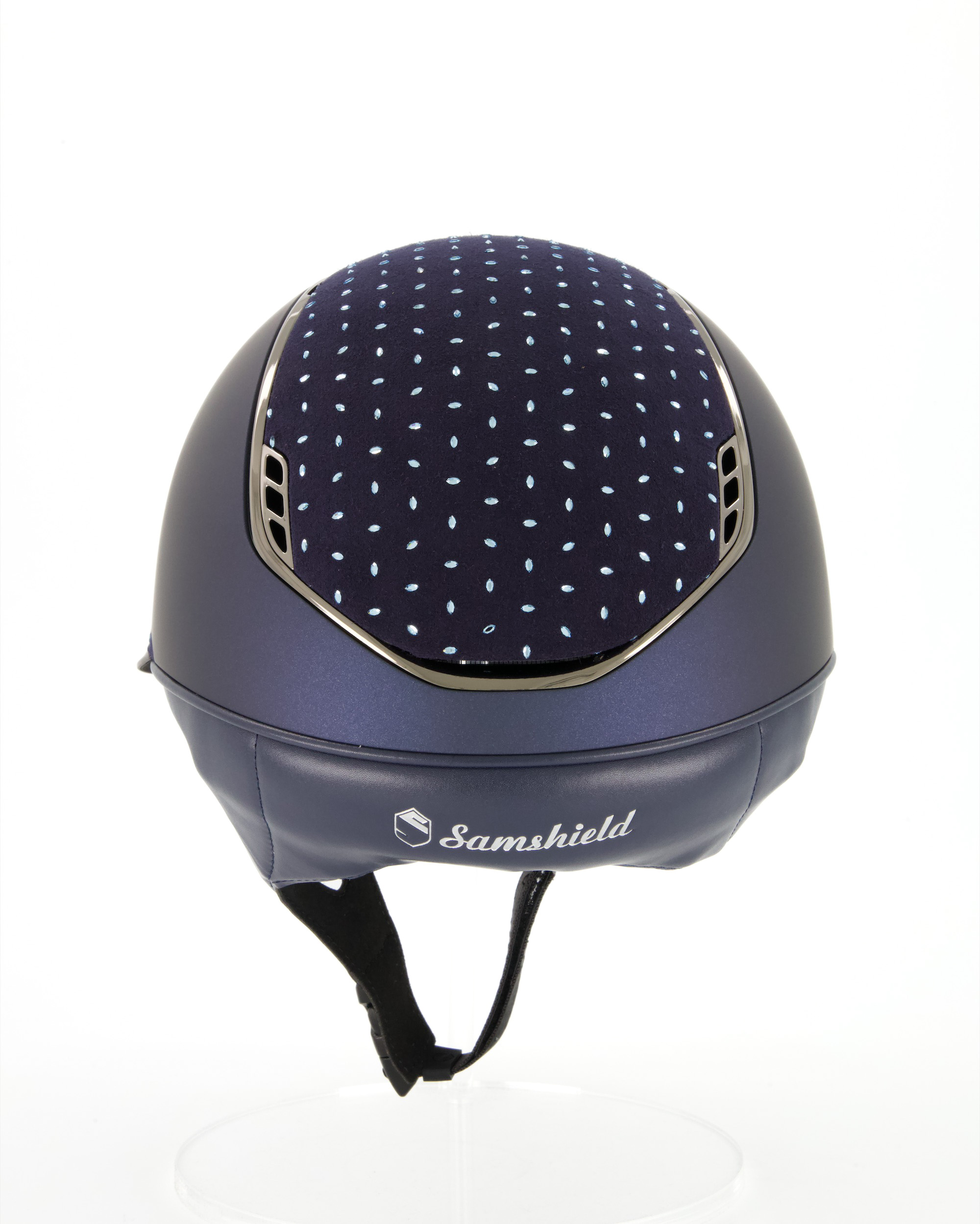 Reithelm 2.0 Miss Shield Shadowmatt Blue, Top u. Frontal Band Crystal Comet, Trim u. Blason Chrome Black in blau