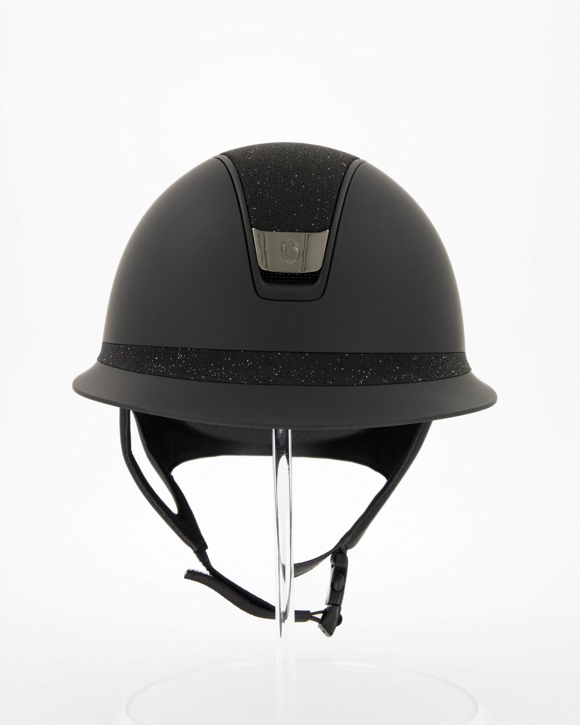 Riding helmet 2.0 Miss Shield Shadowmatt, Top Crystal Fabric Swarovski Black, Frontal Band Crystal Fabric Swarovski Black, Trim Matt Black, Blason Chrome Black in black