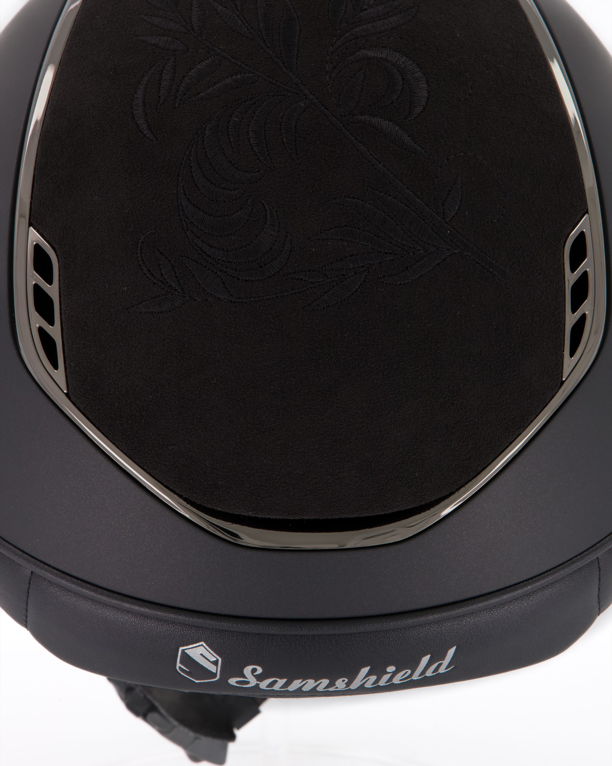 Reithelm 2.0 Miss Shield Shadowmatt Black, Top Flower Embroidery Black, Frontal Band Flower Swarovski Black, Trim u. Blason Chrome Black