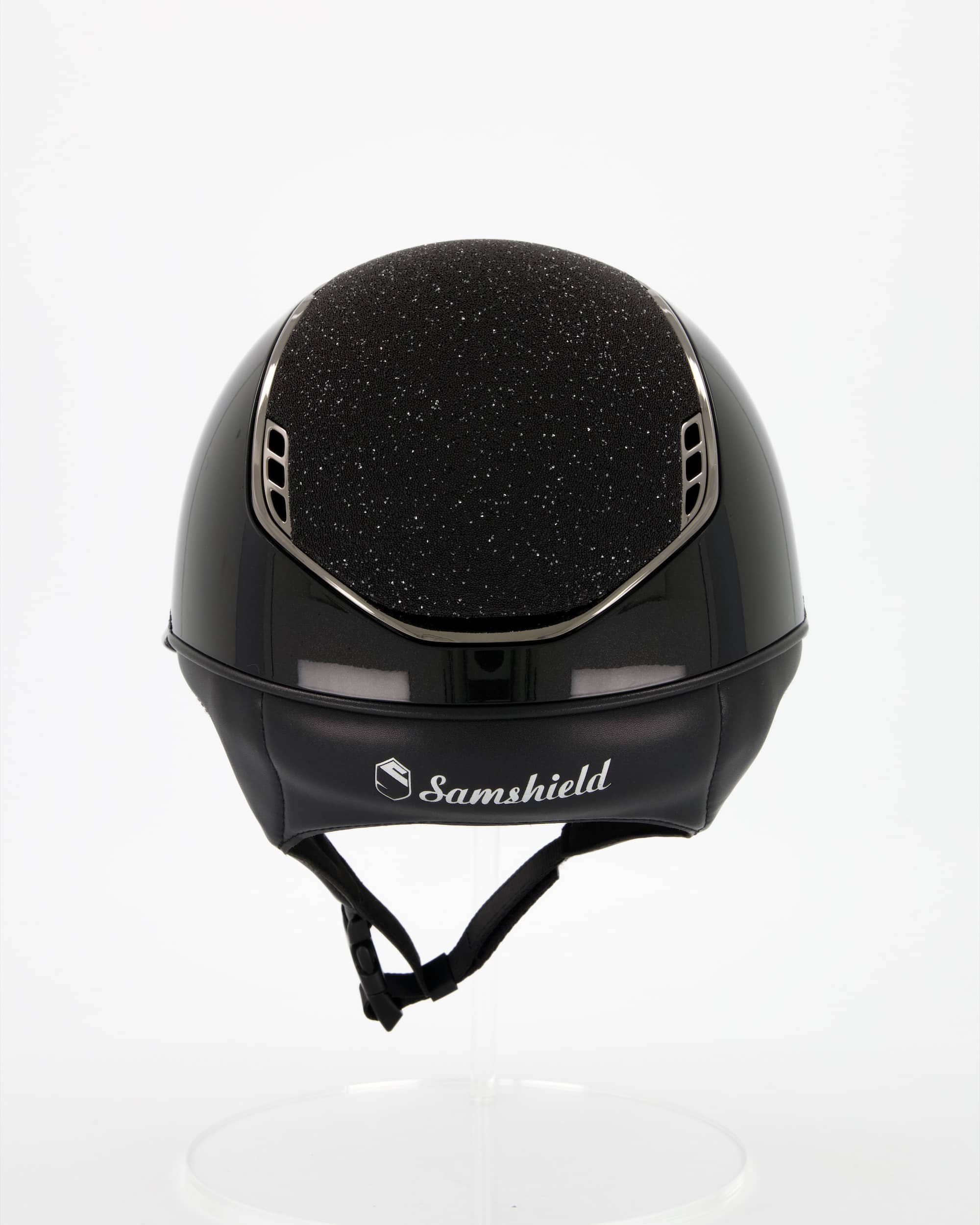 Riding helmet 2.0 Miss Shield Shadowglossy black Top u. Frontal Band Crystal Fabric Black, Trim Chrome Black, Blason Chrome Black in black
