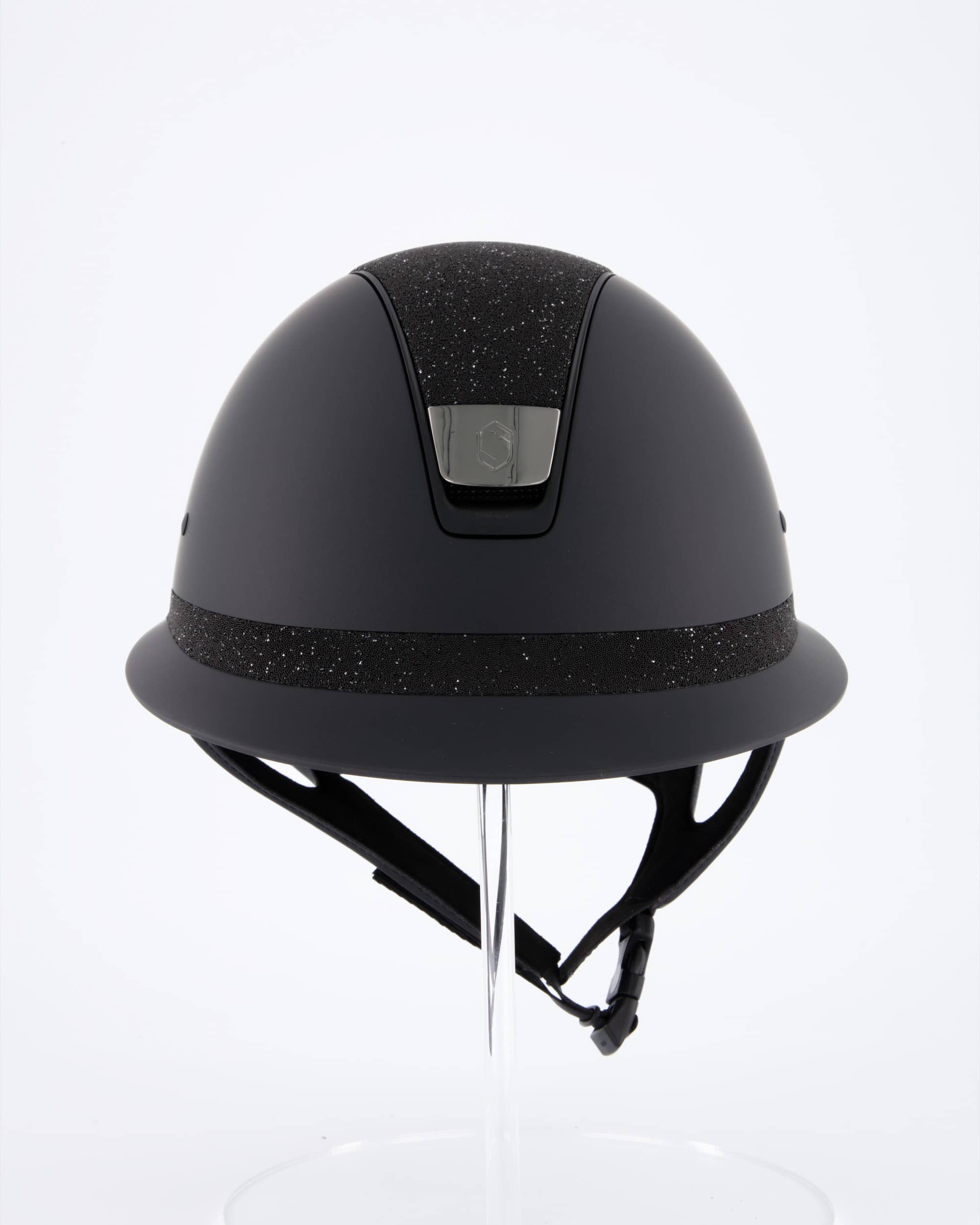 Riding helmet Miss Shield Shadowmatt, Top Crystal Fabric Swarovski Black, Frontal Band Crystal Fabric Swarovski Black, Trim Matt Black, Blason Chrome Black in black