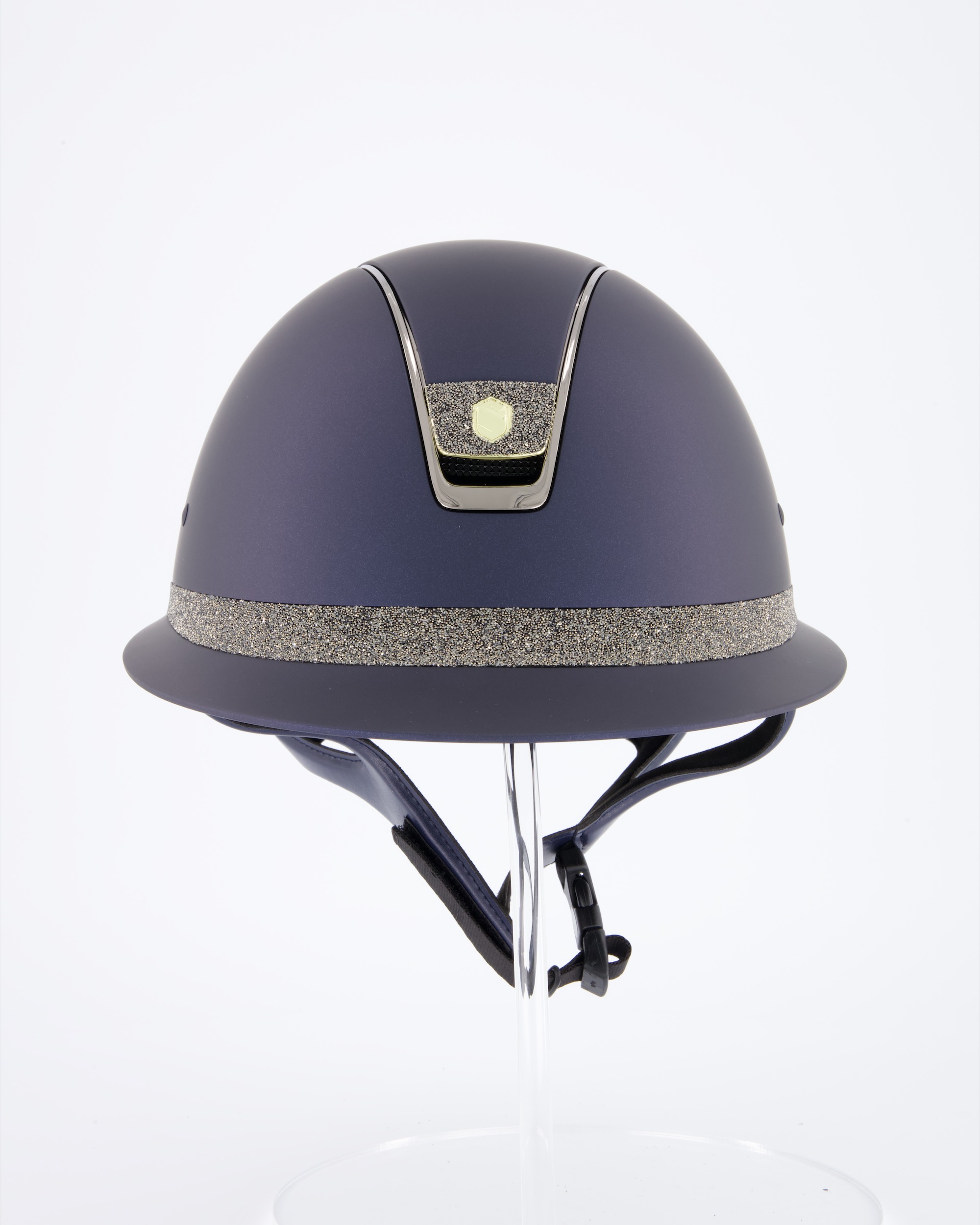 Riding helmet Miss Shield Shadowmatt Blue, Top Shadowmatt blue, Frontal Band Crystal fabric Swarovski Metal Eclipse, Trim Chrome Black, Blason Crystal Fabric Gold