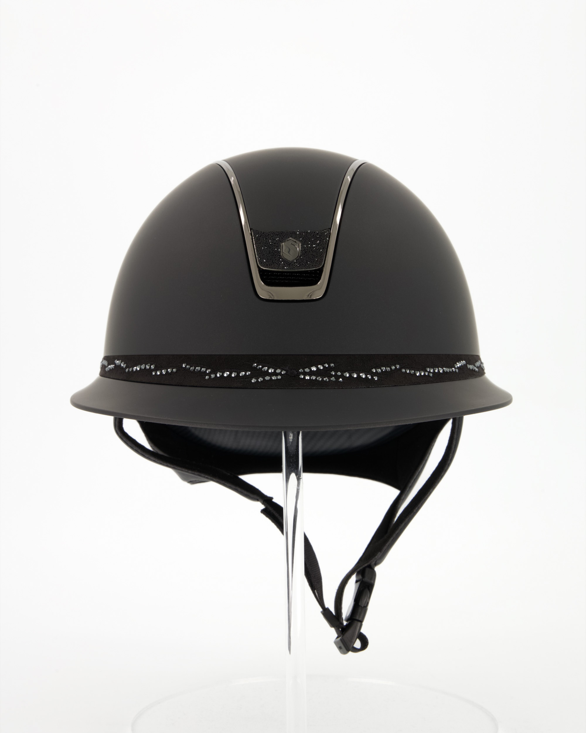 Reithelm Miss Shield 2.0 Shadowmatt Black, Top Shadowmatt Black, Frontalband Flower Swarovski Black,Trim Chrome Black, Blason Crystal Fabric Black in schwarz