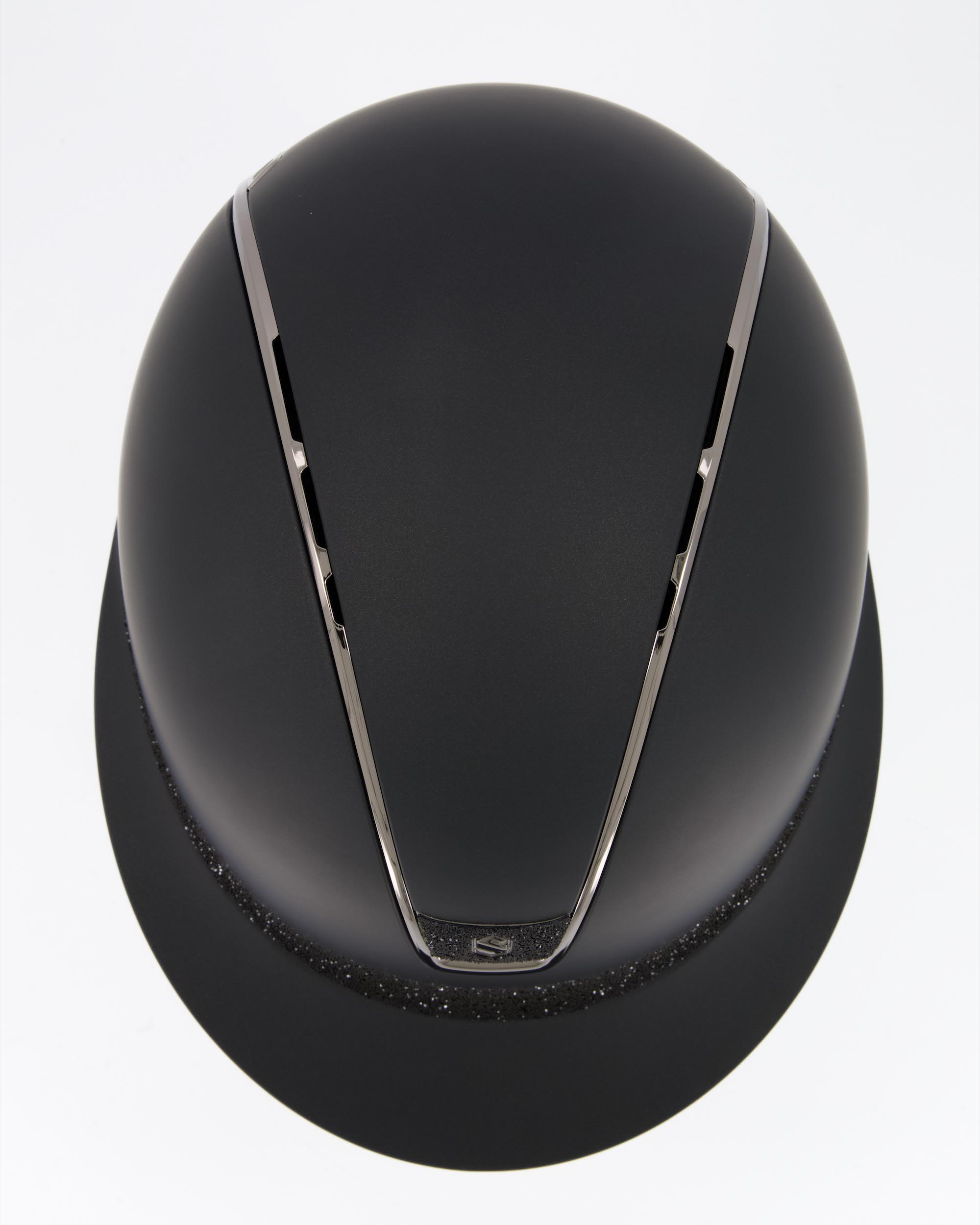 Riding helmet 2.0 Miss Shield Shadowmatt Black, Frontal Band Crystal Fabric, Trim Black Chrome, Blason Crystal Fabric Black in black