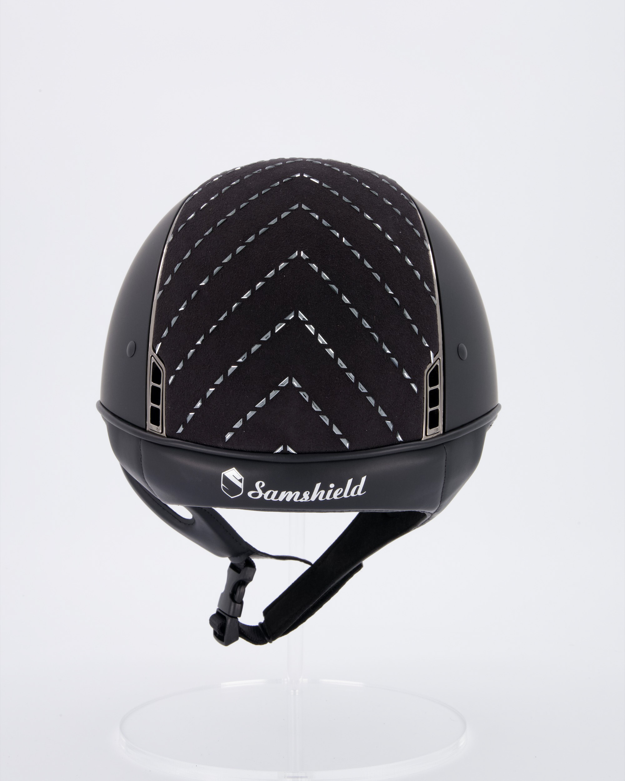 Riding helmet Shadowmatt Black, Top Chevron Black, Trim Black Chrome, Blason Black Chrome