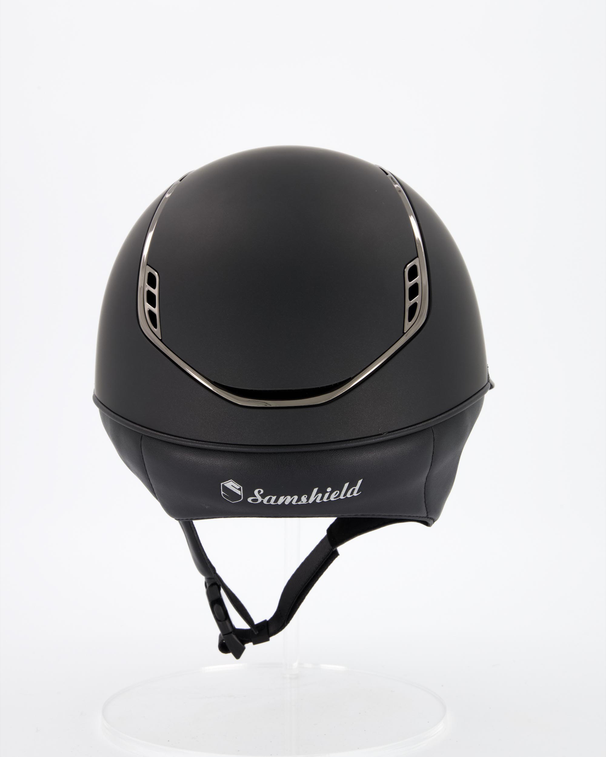 Riding helmet 2.0 Miss Shield Shadowmatt Black, Frontal Band Crystal Fabric, Trim Black Chrome, Blason Crystal Fabric Black in black